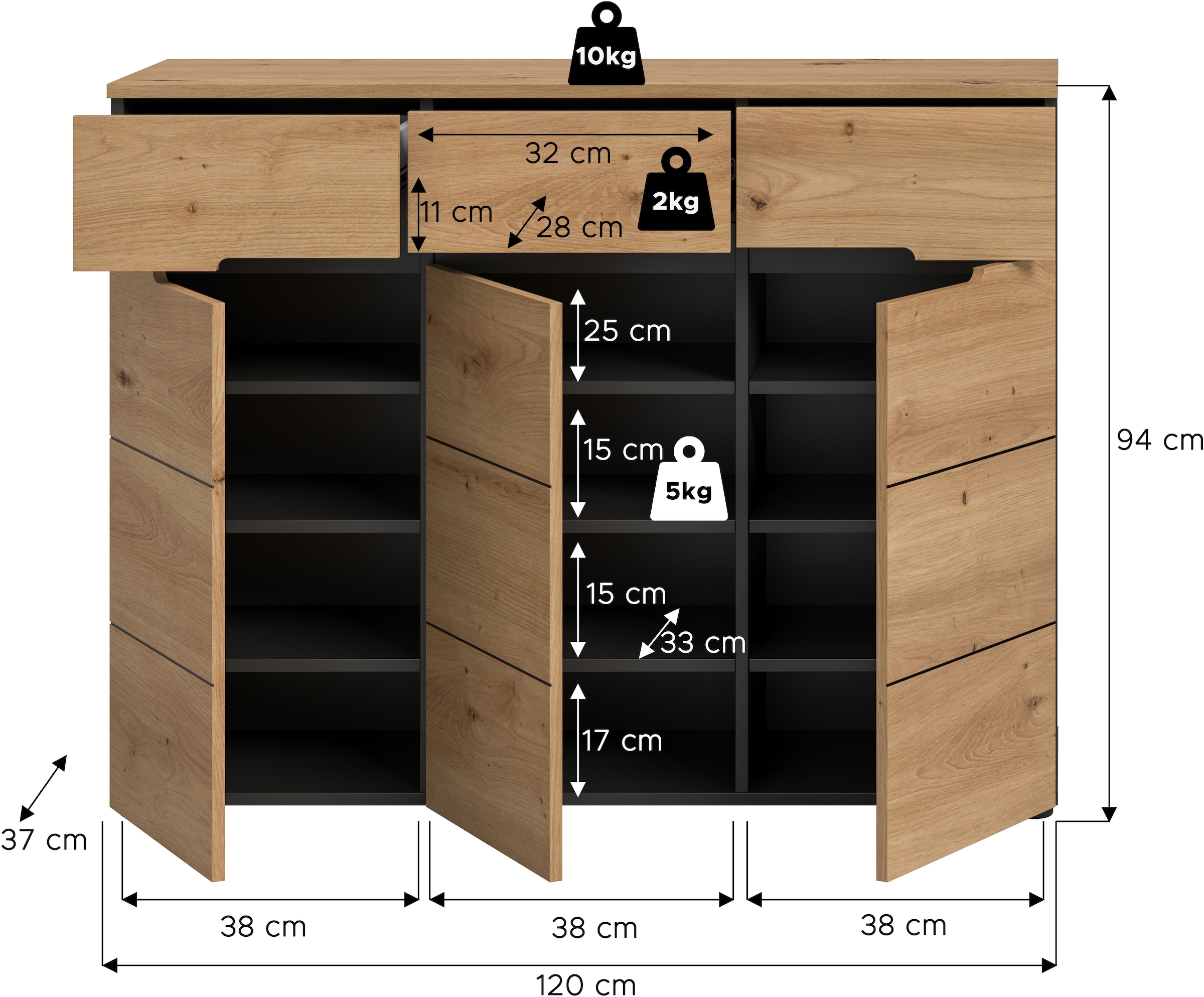 Home affaire Garderobenschrank »REHAT, Breite 120 cm, 3 Türen, 3 Schubkästen, 12 Fächer« in verschiedenen Farben erhältlich, Platz für ca. 24 Paar Schuhe, 1 Stk. tlg. Schuhschrank, Kommode, Schuhkommode, Anrichte, Sideboard