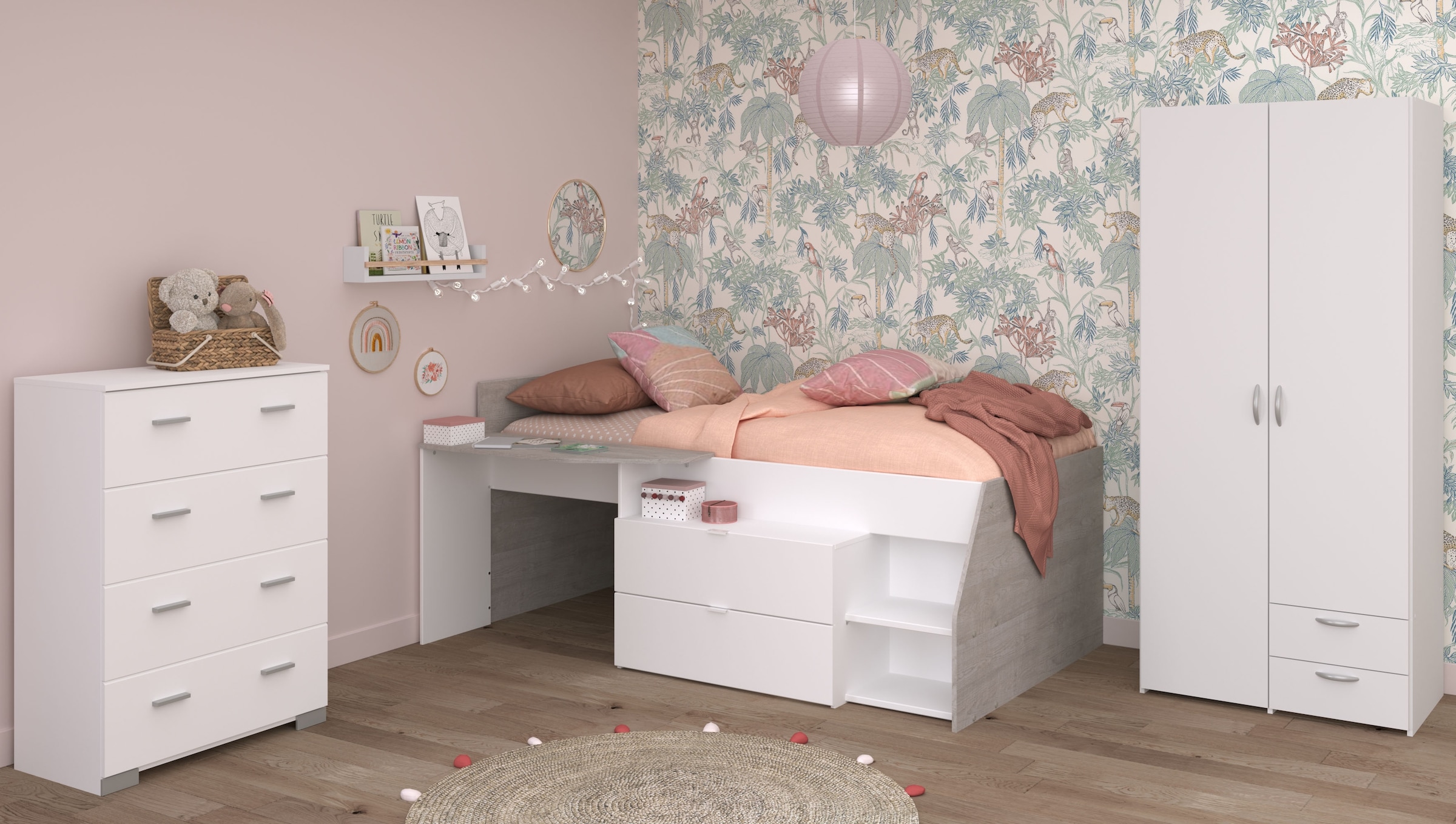 Parisot Jugendzimmer-Set »Parisot, Milky 12«, (3 tlg.), tolles halbhohes Hochbett, Kleiderschrank mit Mittelwand und Stauraum