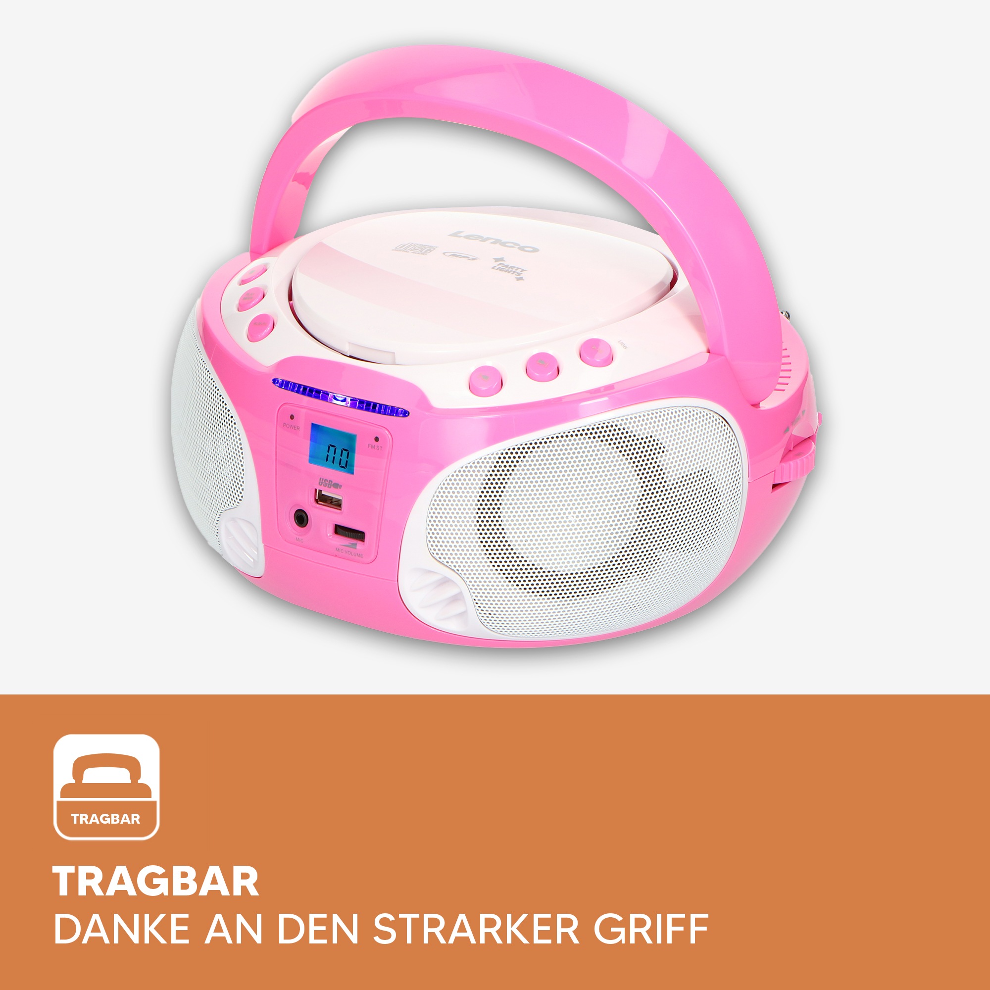 Lenco Boombox »SCD-650« ( AM-Tuner | FM-Tuner ) speziell für Kinder, USB-Anschluss, Karaoke-Mikrofon und Lichteffekte