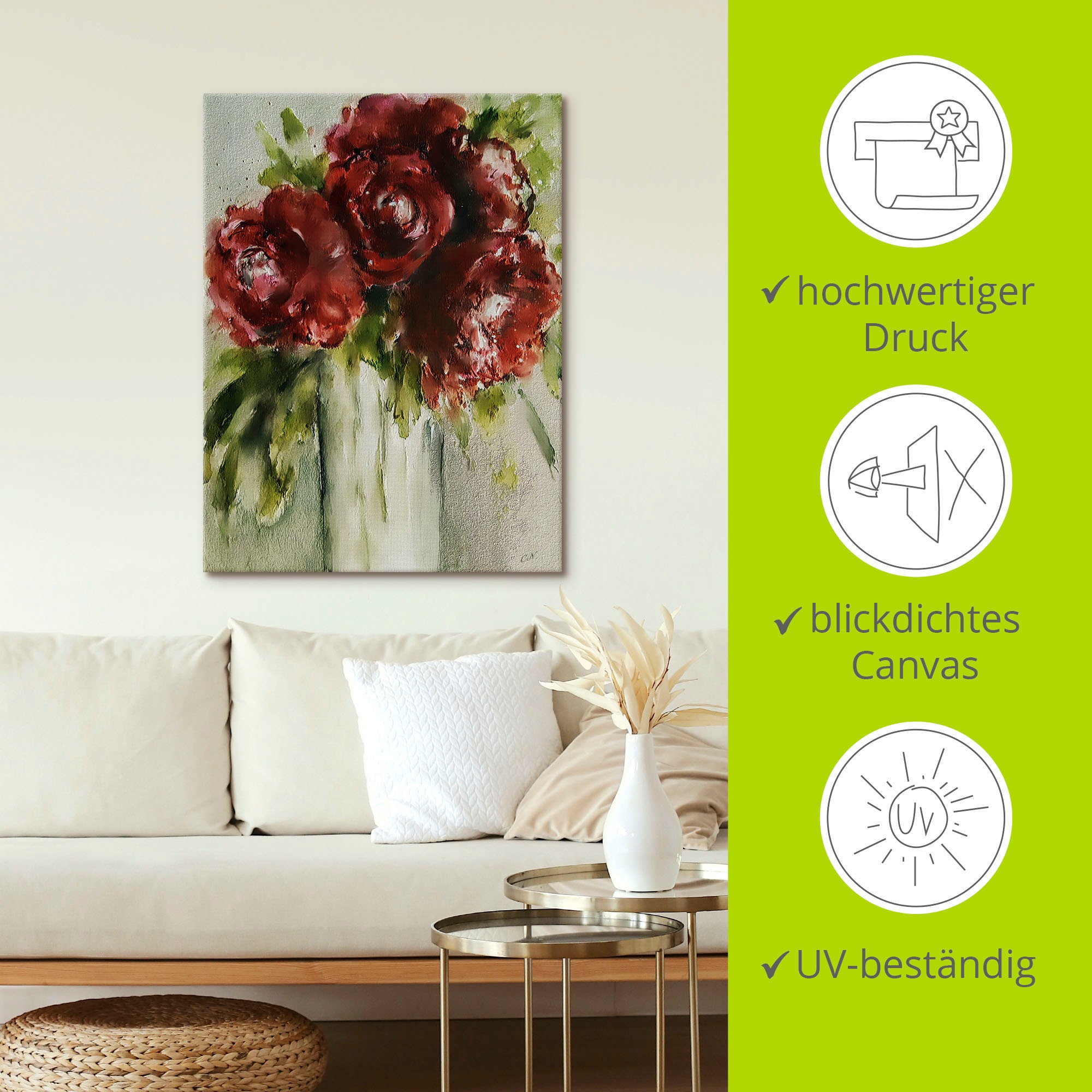 Artland Wandbild »Pfingstrosen in Vase«, Blumenbilder, (1 St.), als Alubild, Leinwandbild, Wandaufkleber oder Poster in versch. Größen