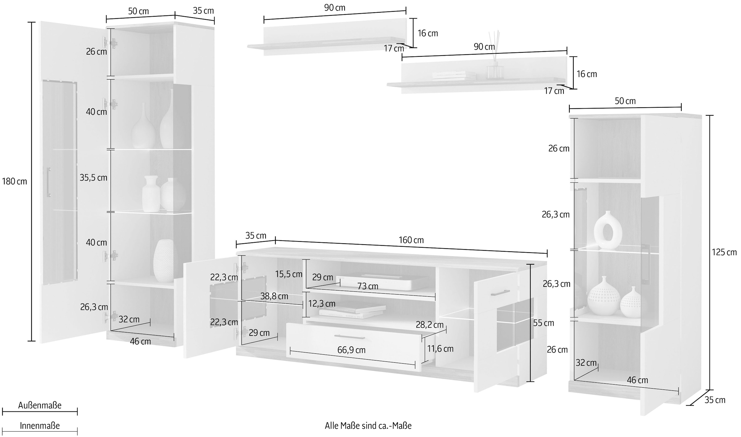 Home affaire Wohnwand »Ribe Wohnwand Set-5 St.« Set, 5 Stk. tlg. Glaseinsatz aus gehärtetem Glas,Böden teilweise versetzbar