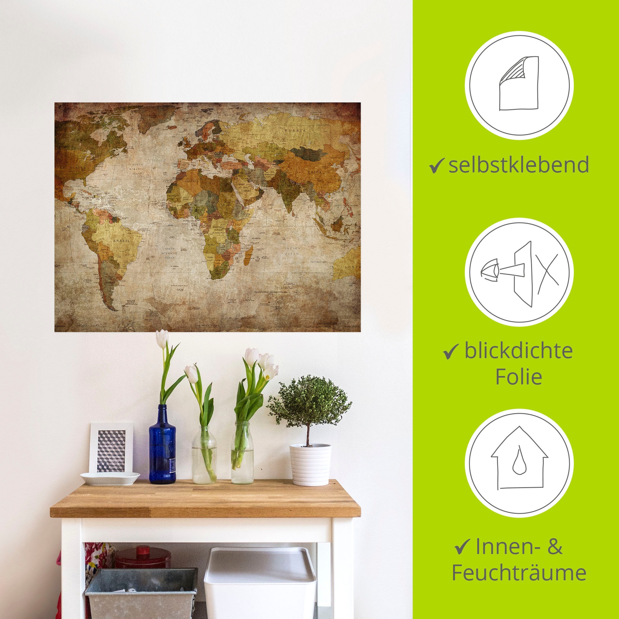 Artland Wandbild »Weltkarte«, Landkarten, (1 St.), als Alubild, Outdoorbild, Leinwandbild, Poster, Wandaufkleber