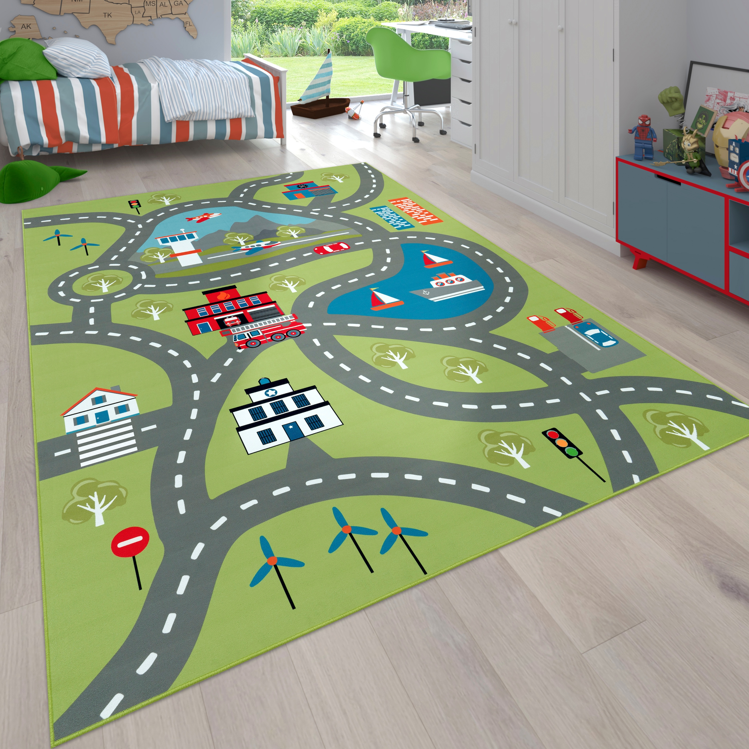 Paco Home Kinderteppich »Bino 562«, rechteckig, 4 mm Höhe, Kurzflor, Straßen-Spiel-Teppich, Motiv Flughafen, Kinderzimmer