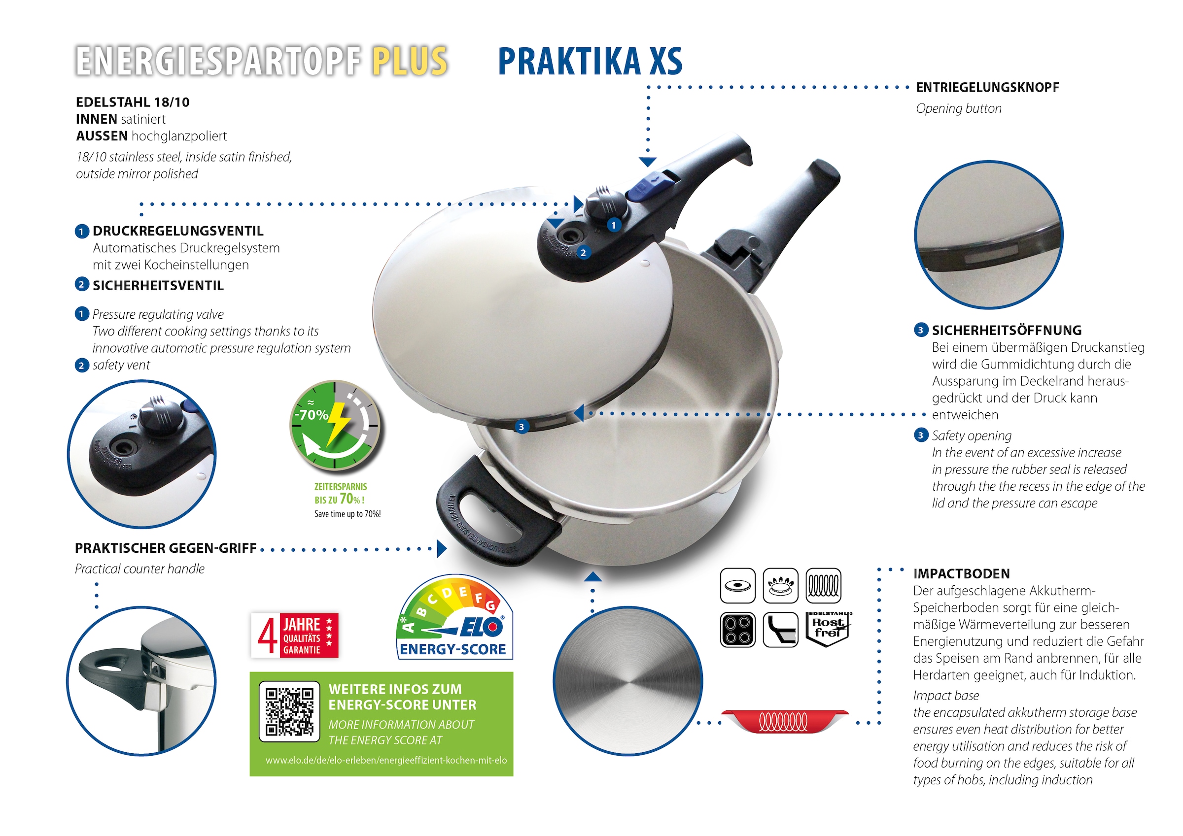 Elo Schnellkochtopf »Praktika Plus XS«, Edelstahl 18/10-Edelstahl 18/8, (1 tlg.), Dampfkochtopf, incl. Ersatzdichtungsring, Induktion