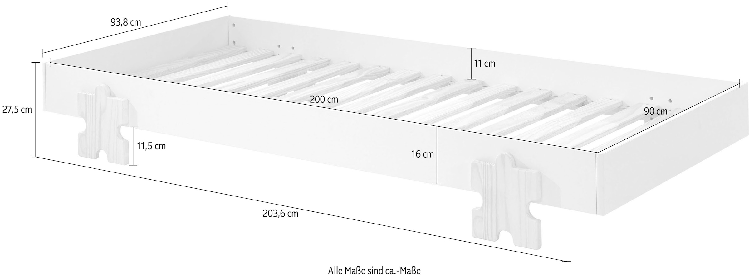 Vipack Kinderbett »Modulo, stapelbares Einzelbett, inkl. Rolllattenrost, 2 Farben«, (B/H/T ca. 203,6x93,8x48cm, Fuß Puzzle massiv, Bettseiten MDF lackiert), Liegefläche 90/200 cm, einzeln oder als 2-er Set erhältlich