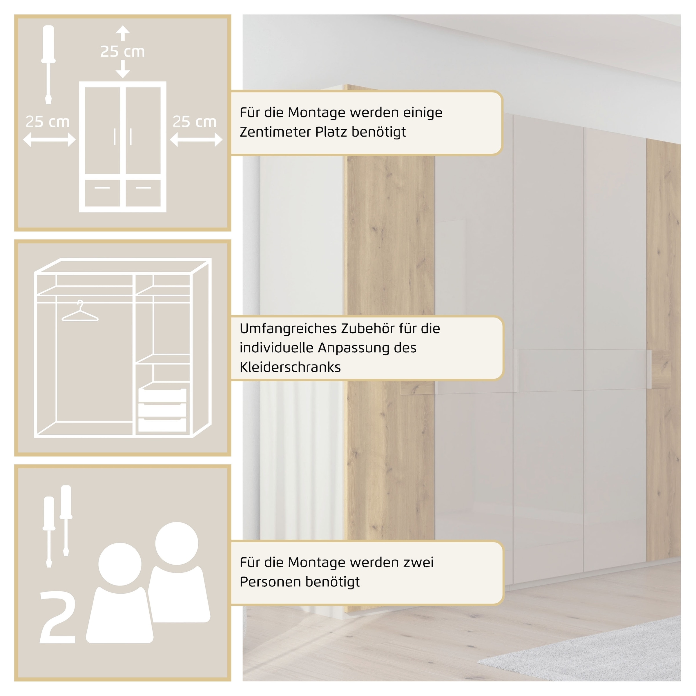 rauch Kleiderschrank »Drehtürenschrank Schrank Garderobe Wäscheschrank KONA« Breiten 251/301 cm, Höhe 223 cm, Tiefe 61 cm,  Glasauflage, Massivholz-Absetzung, SOFT-CLOSE-FUNKTION MADE IN GERMANY