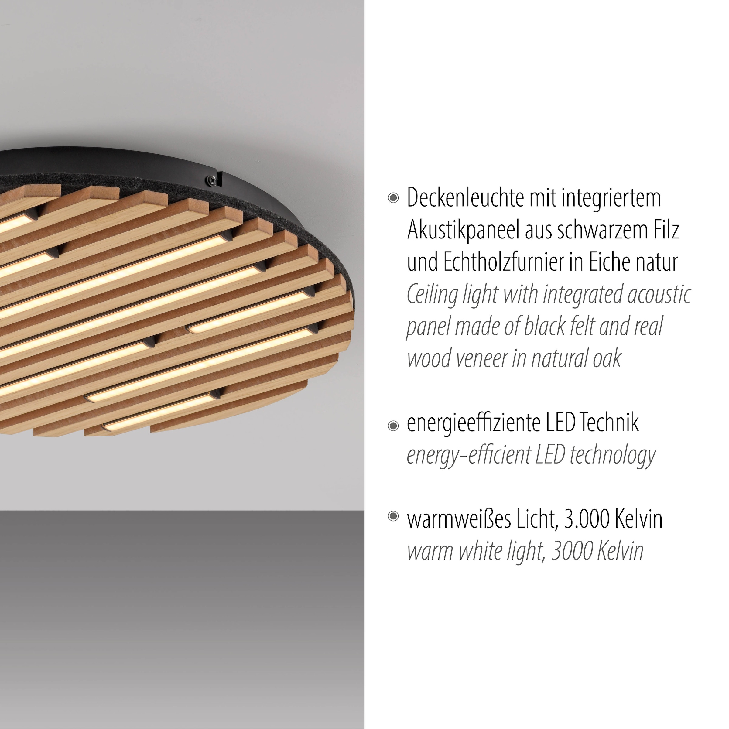 my home Deckenleuchte »Unnestad Akustikpaneele«, 1 flammig, Leuchtmittel LED-Board | LED fest integriert, schwarze LED Diffuser, Holz, Akustik, Paneele, 3000K - Ø 40 cm
