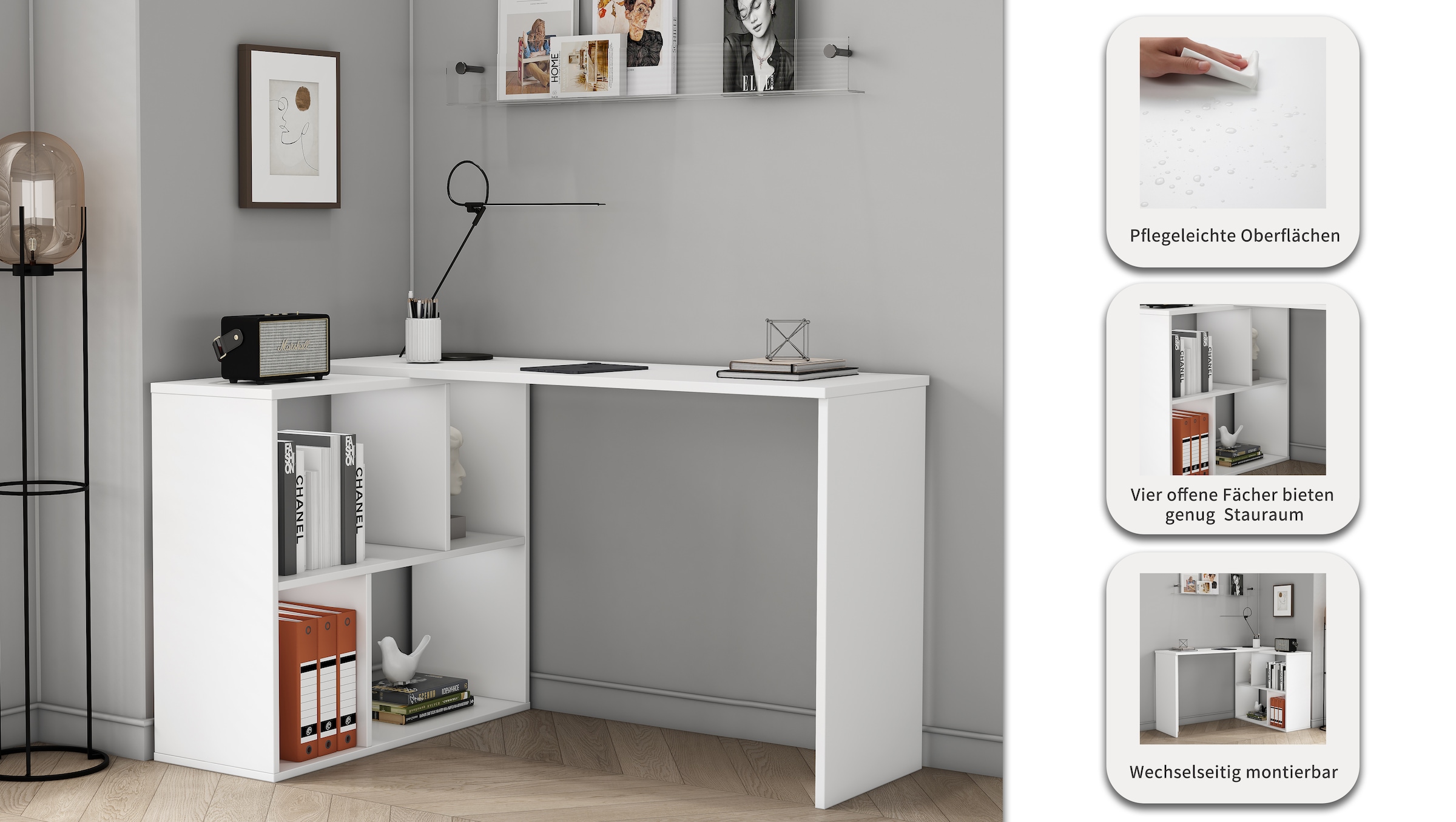 OTTO home Eckschreibtisch »Jaaron« mit vier offenen Fächern, modernes und elegantes Design