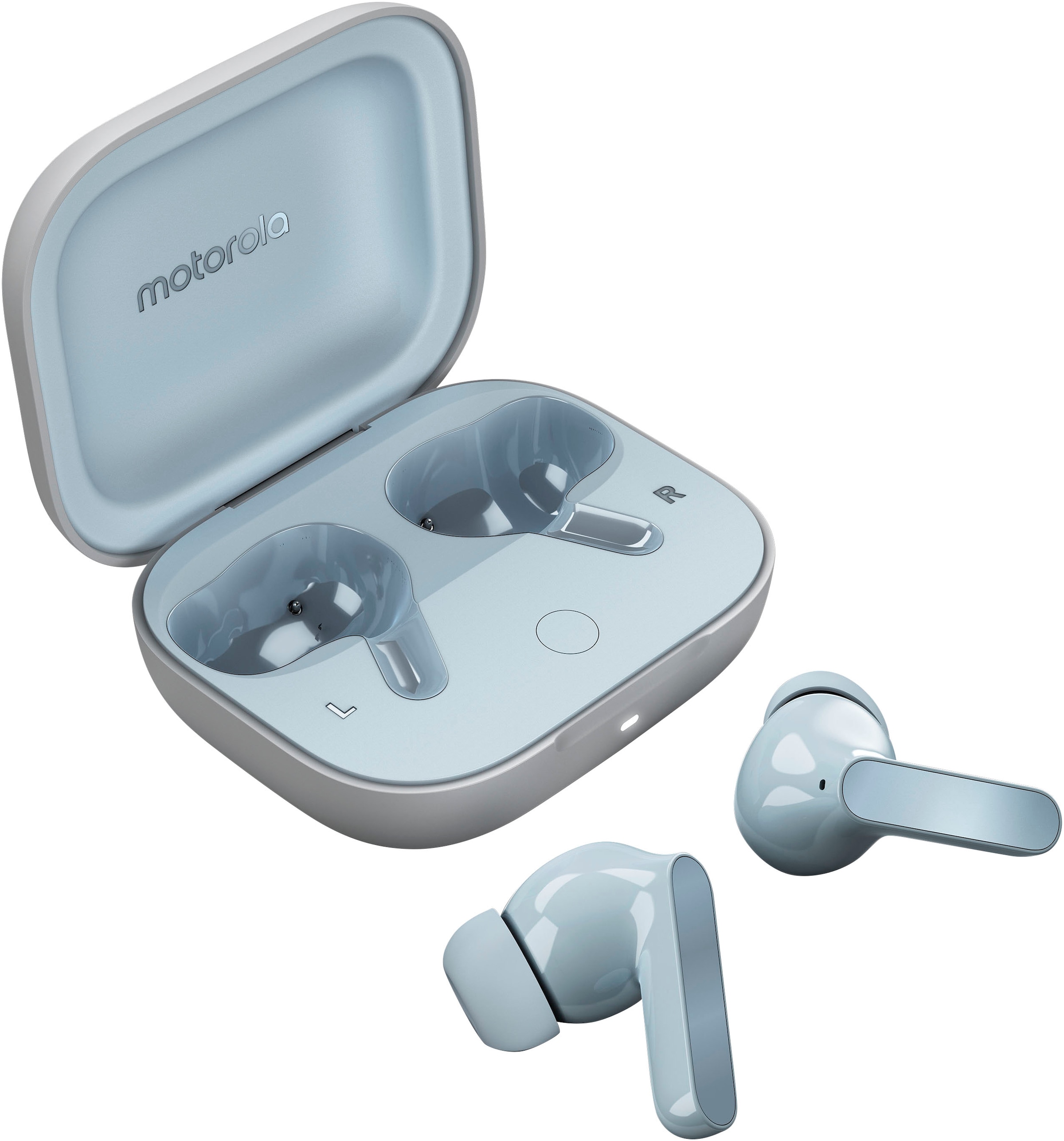 Motorola, wireless In-Ear-Kopfhörer »moto buds« Bluetooth Active Noise Cancelling (ANC) Rauschunterdrückung Transparenzmodus, Glacier Blue, Dreifach-