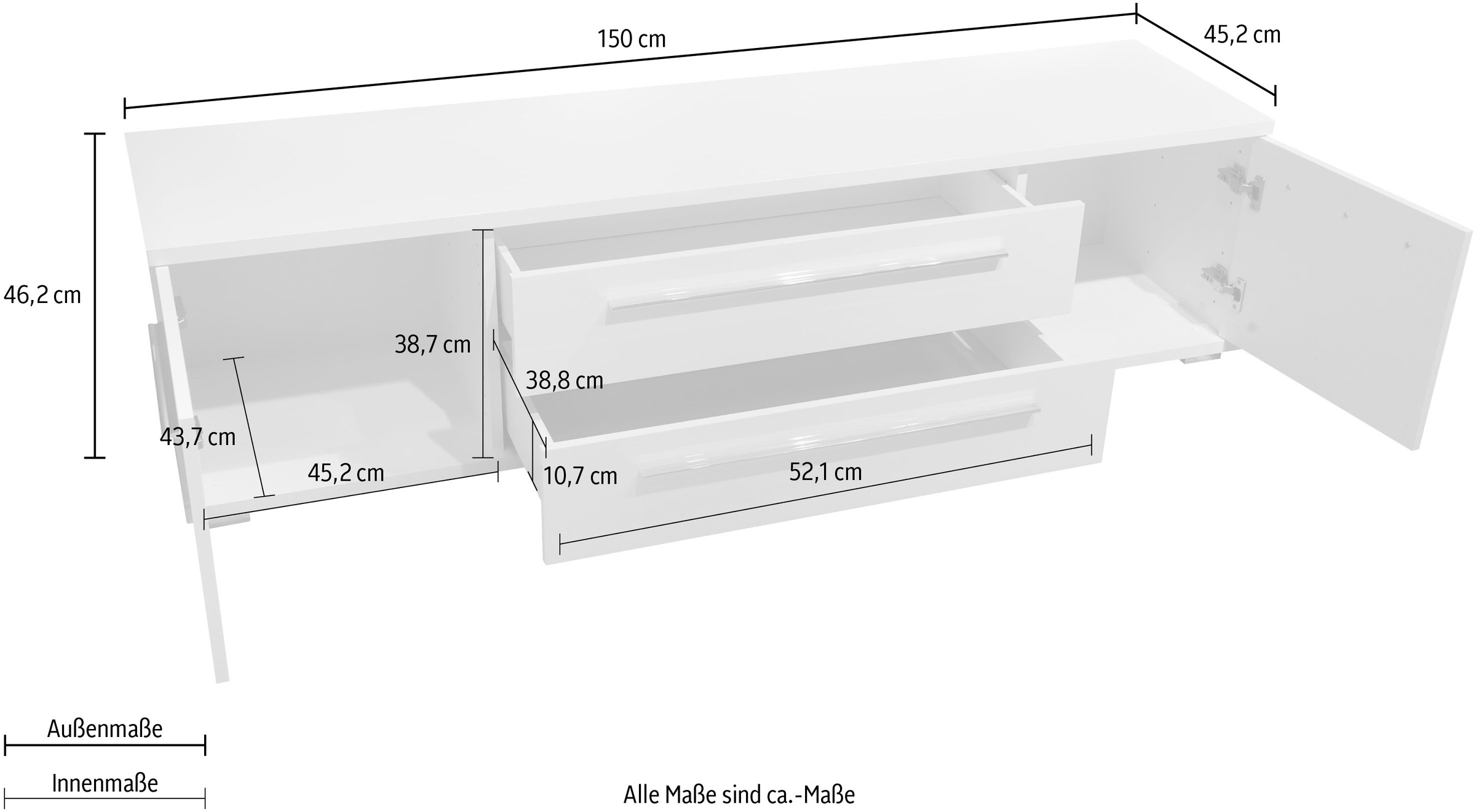 Places of Style Lowboard »Piano TV-Kommode Breiten 165 und 180 cm Soft-Close-Funktion«, Hochglanz UV-lackiert, Br 180 cm mit versch. Tür- und Schubkastenmaße
