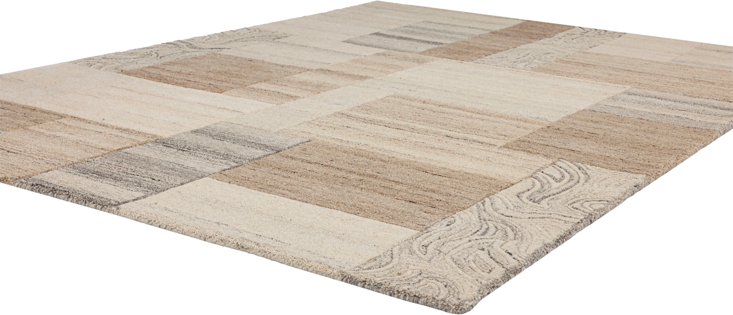 THEKO Wollteppich »Lola, Wolle, handgearbeitet, Patchwork Design, handgetuftet«, rechteckig, 12 mm Höhe, Wohnzimmer, Schlafzimmer, Esszimmer, auch als Läufer und rund