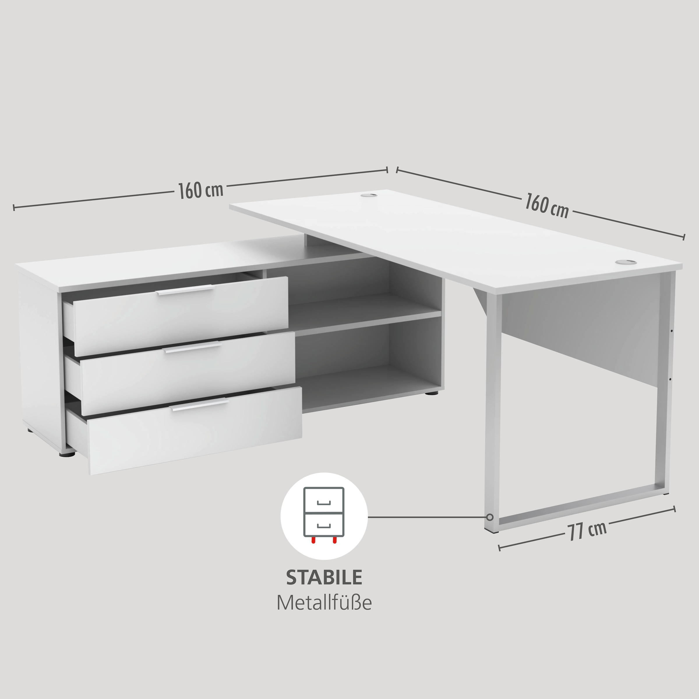 Innostyle Schreibtisch »Schreibtisch Santorin, 180/77/160 cm ( B/H/T)« 1 Stk. tlg. Tischplatten: kratzfest und wasserfest, 3 Schubladen, 2 Fächer