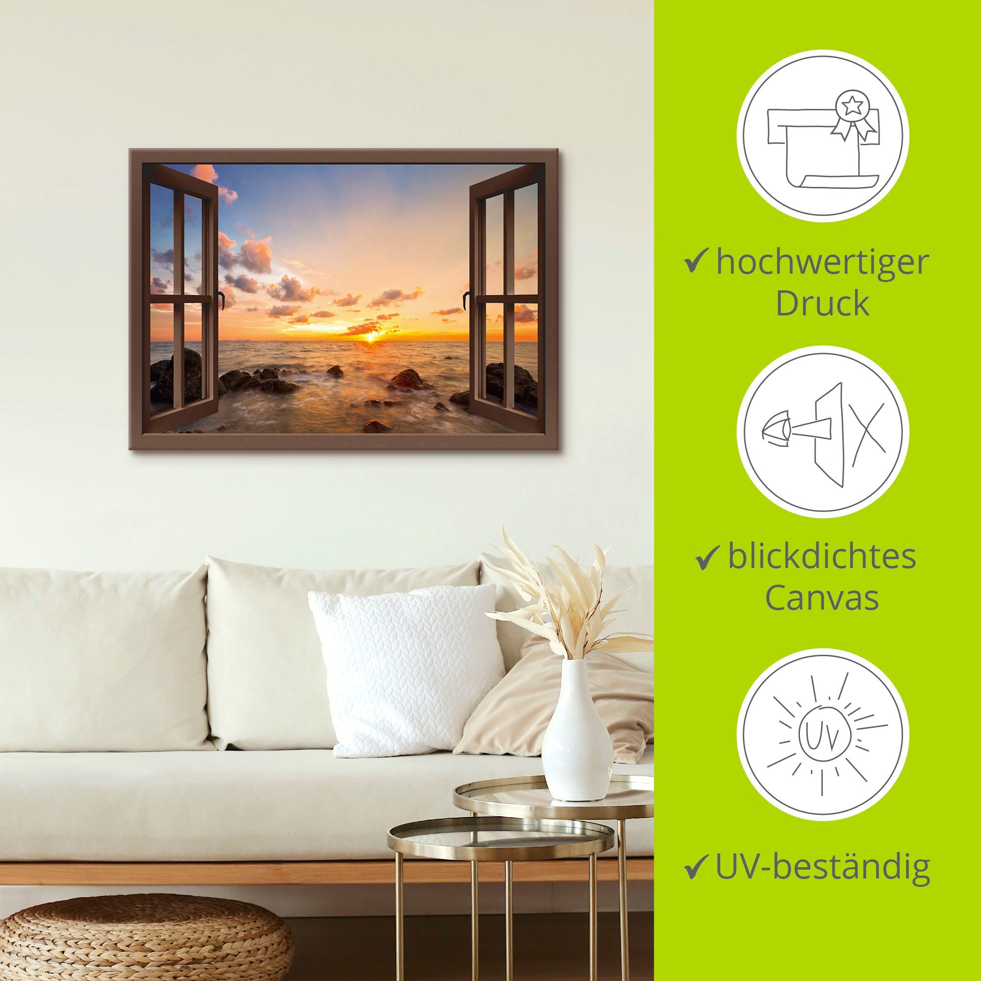 Artland Wandbild »Fensterblick Sonnenuntergang am Meer«, Fensterblick, (1 St.), als Alubild, Outdoorbild, Leinwandbild, Poster, Wandaufkleber