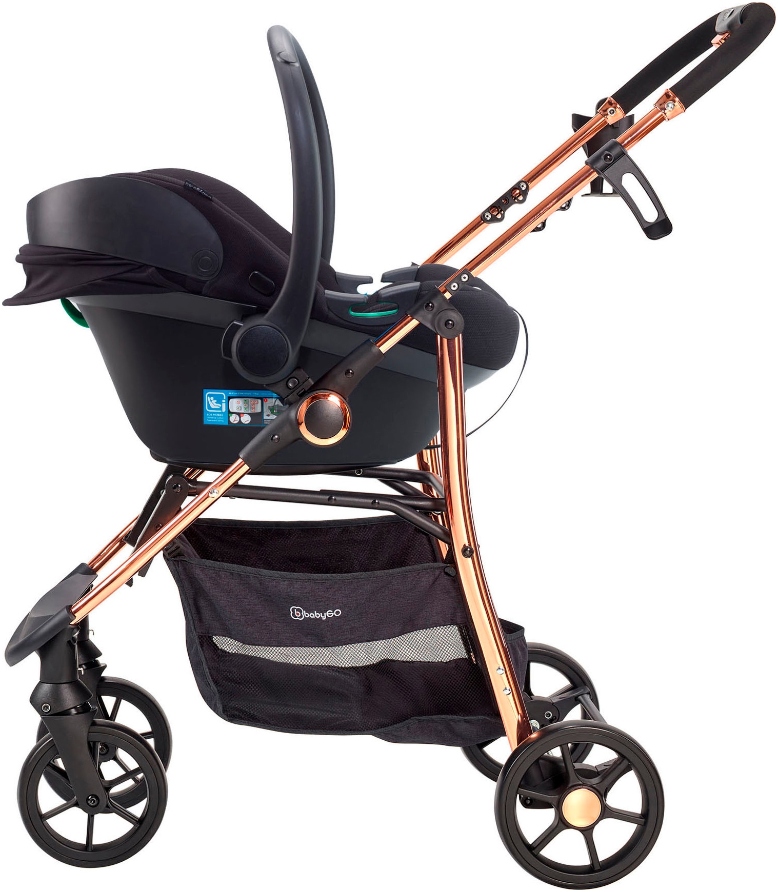 BabyGo Kombi-Kinderwagen »Style - 3in1, rosegold/black«, inkl. Babyschale mit Adaptern u. Wickeltasche