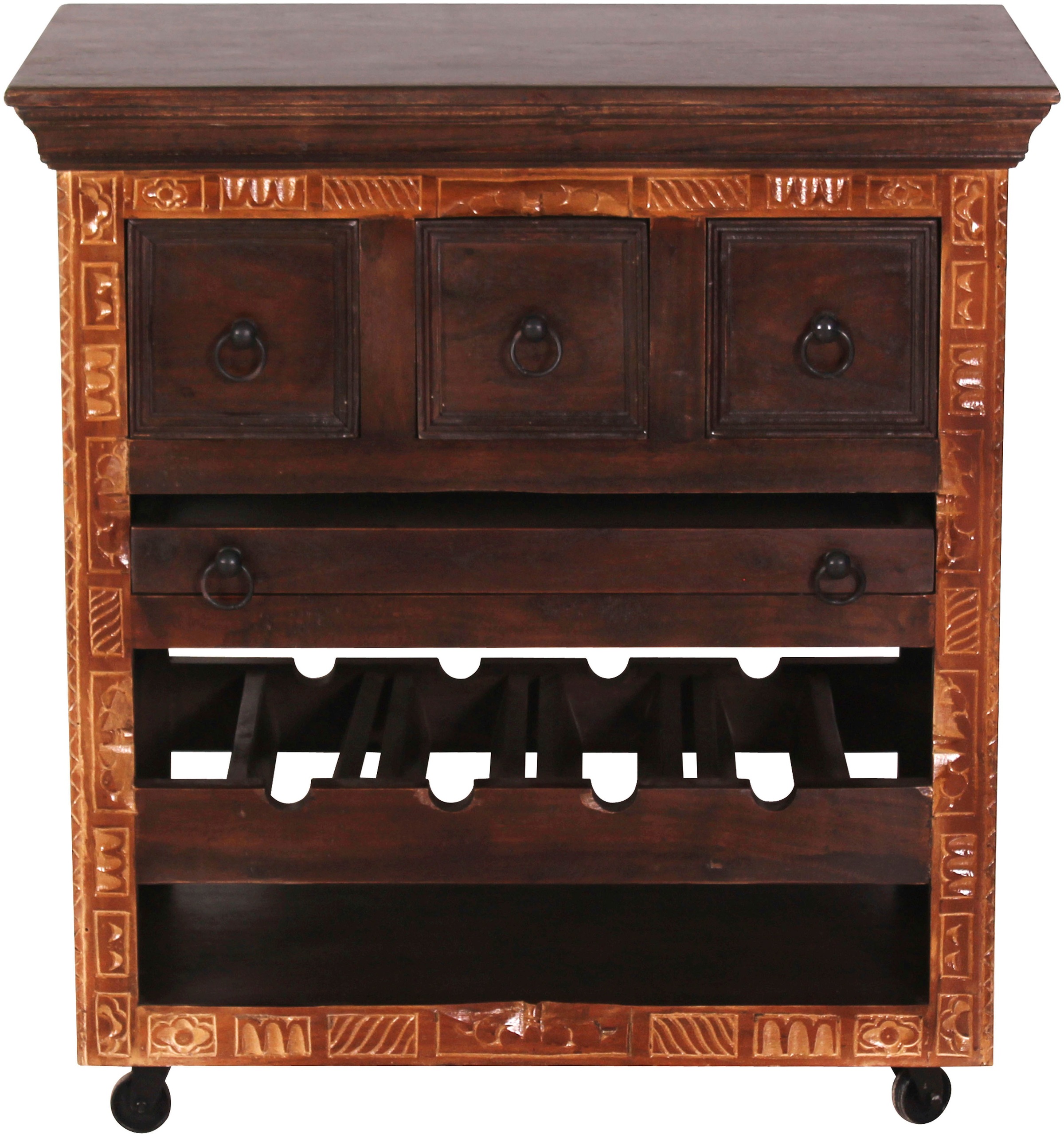 SIT Mehrzweckschrank "Xiamen Küchenwagen aus Altholz mit Rollen, Tablett & Stauraum" 3 Schubladen, Flaschenablage & herausnehmbares Tablett