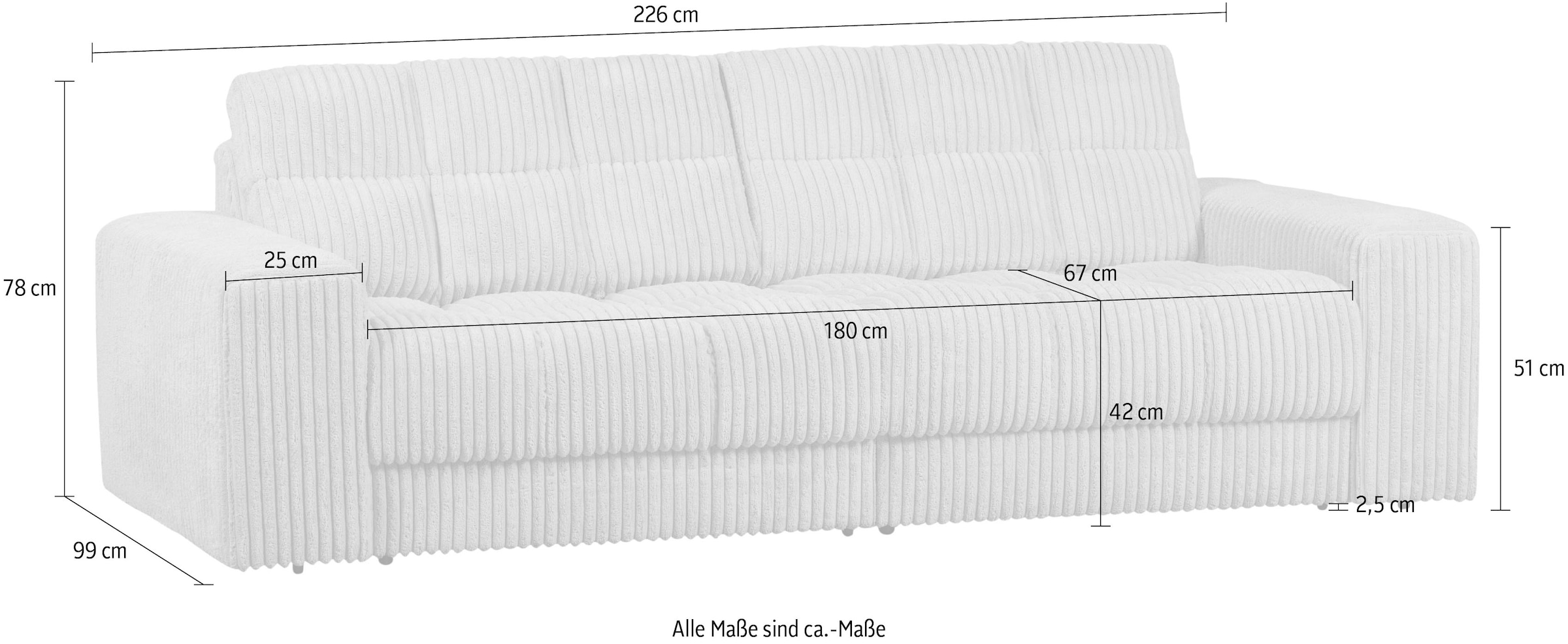 WOOOD 2-Sitzer »Second Date Rippenstoff, H 78 x B 226 x D 99 cm« Tragkraft 200 kg, Sehr hohe Verschleißfestigkeit, Pfleiglicht