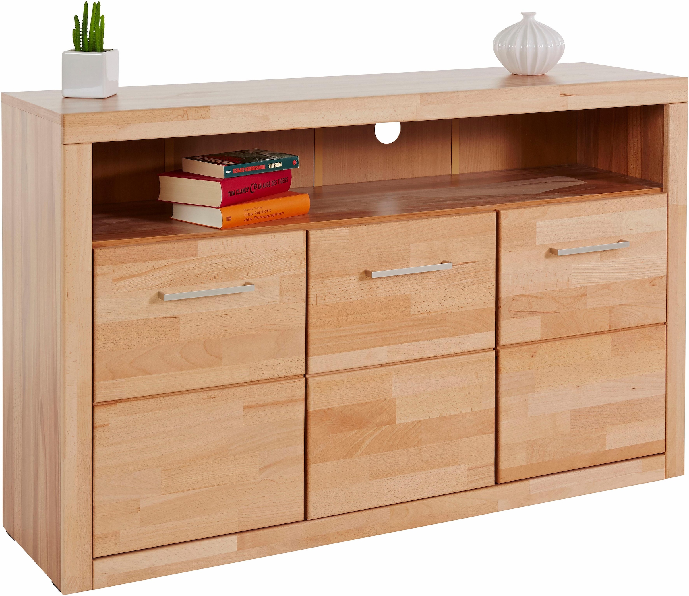 Home affaire Sideboard »Ribe,130cm breit, Fronten Massivholz,7 Fächer«, Holz massiv, Holzwerkstoff, Metall Griffe,3 Türen