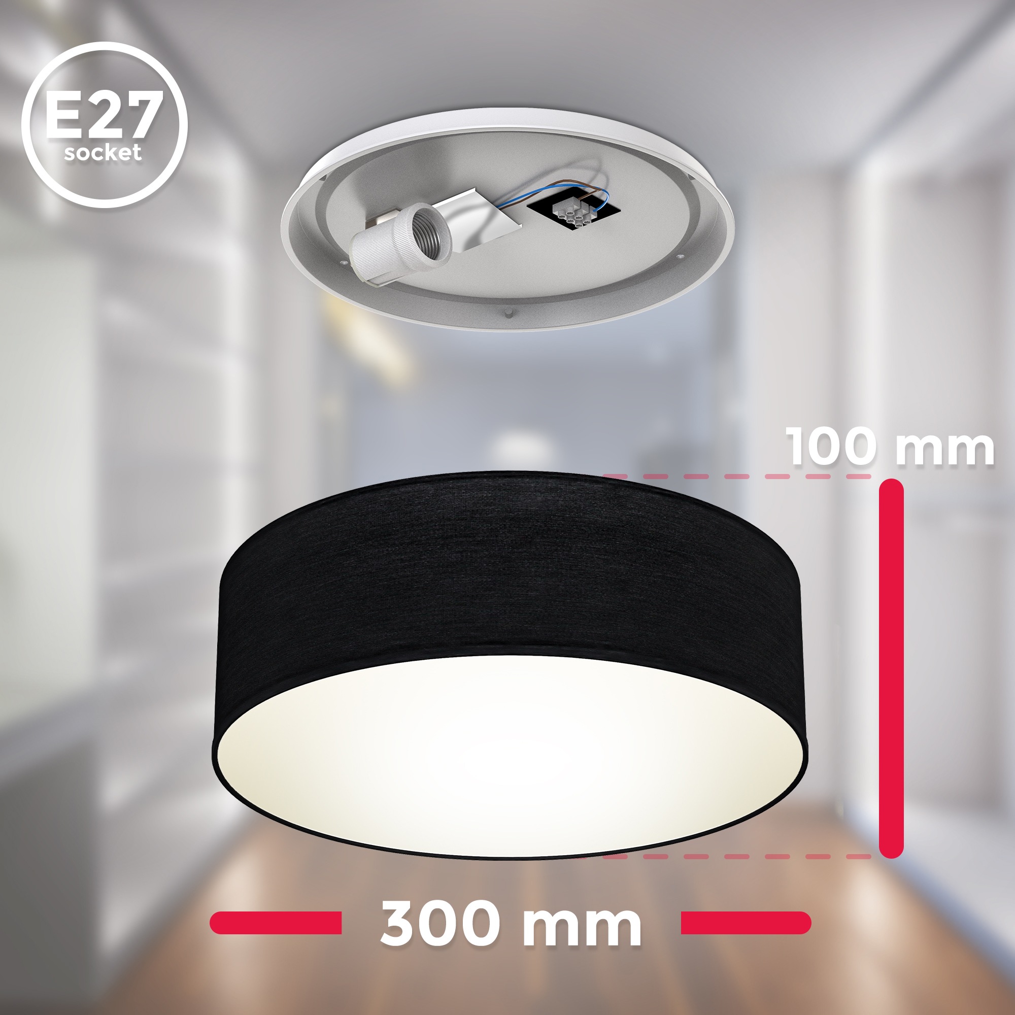 B.K.Licht LED Deckenleuchte, 1 flammig, Leuchtmittel E27 | ohne Leuchtmittel, Deckenlampe, Textil Lampenschirm, schwarz, Schlafzimmer, Wohnzimmer