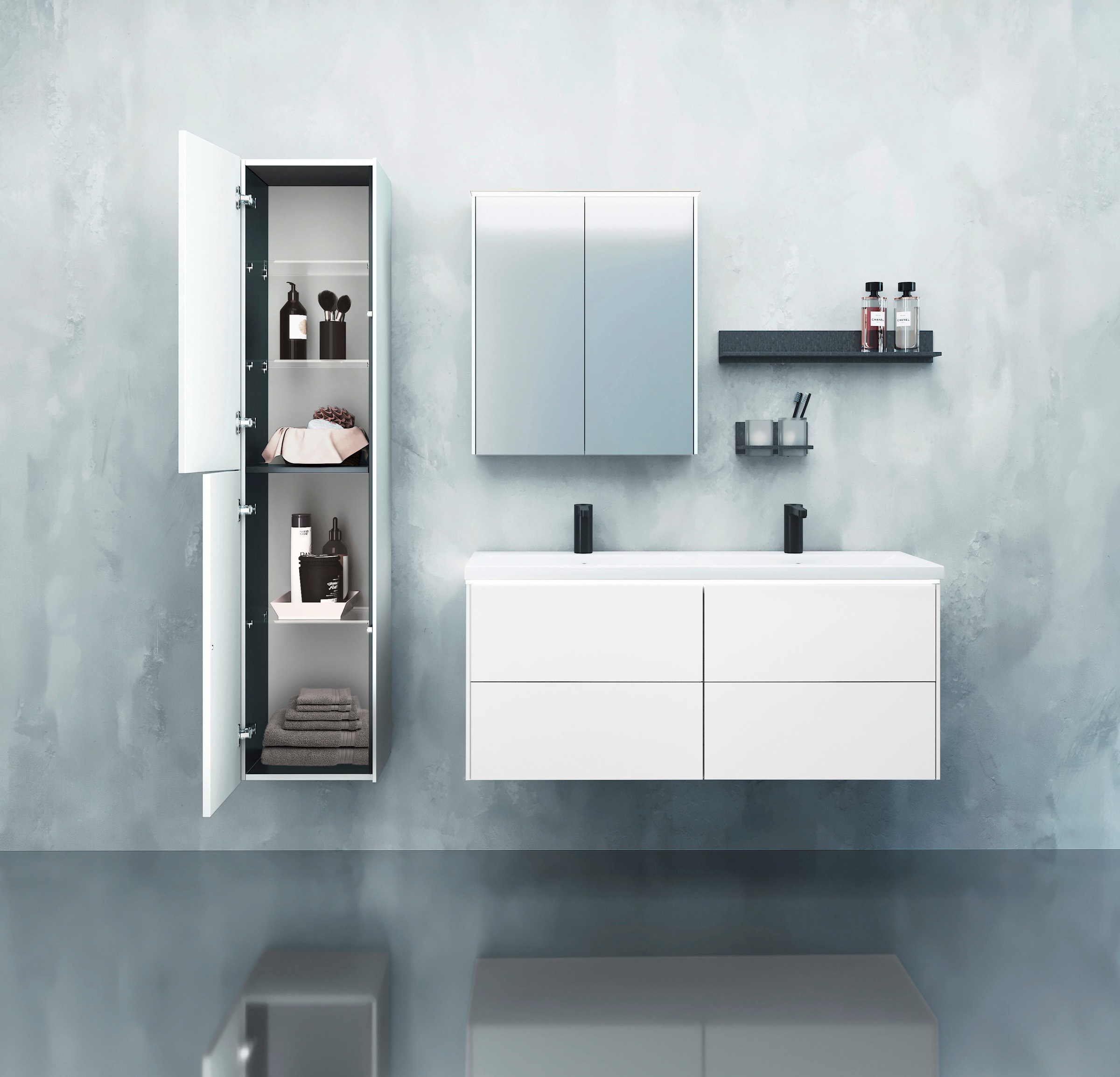 welltime Doppelwaschtisch »D-Line«, Badmöbel mit 2 Keramik Waschbecken, Soft-Close, Breite 121 cm