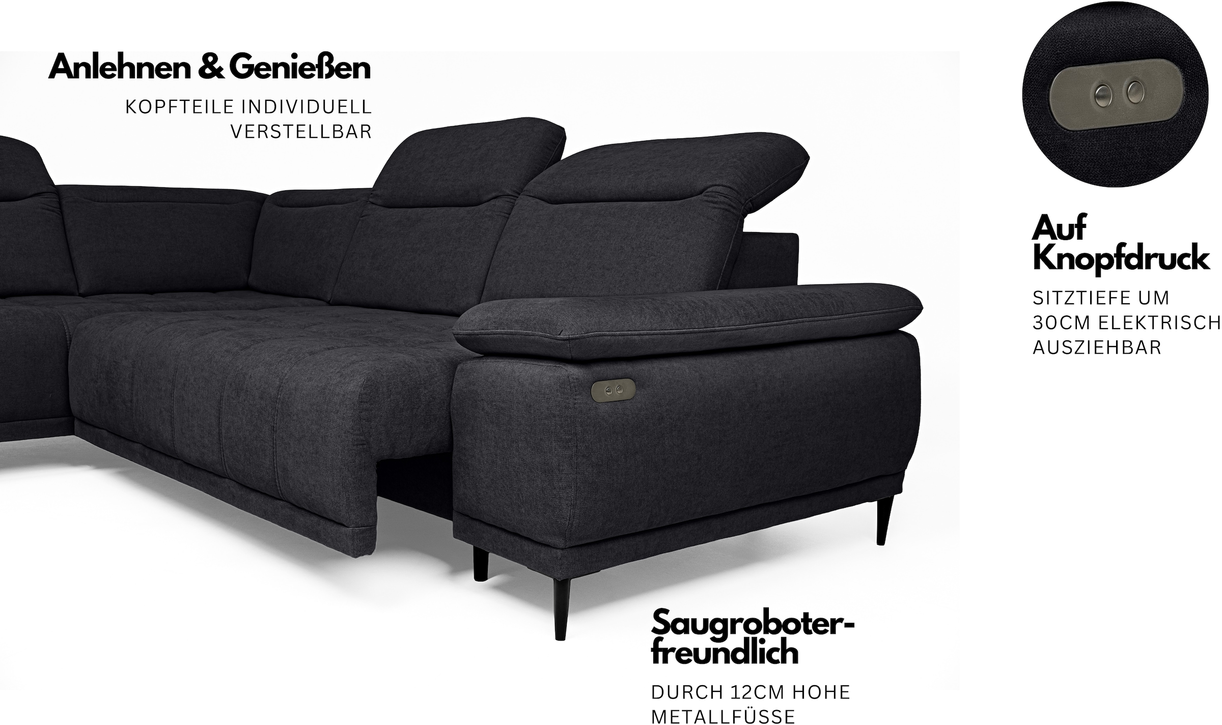 WERK2 Ecksofa »Memo Focus-L, elektrisch erweiterbare Sitztiefe um ca. 30 cm, L-Form« Komfort nach Maß: Ausziehbare Sitztiefe, verstellbare Kopfteile & Füße