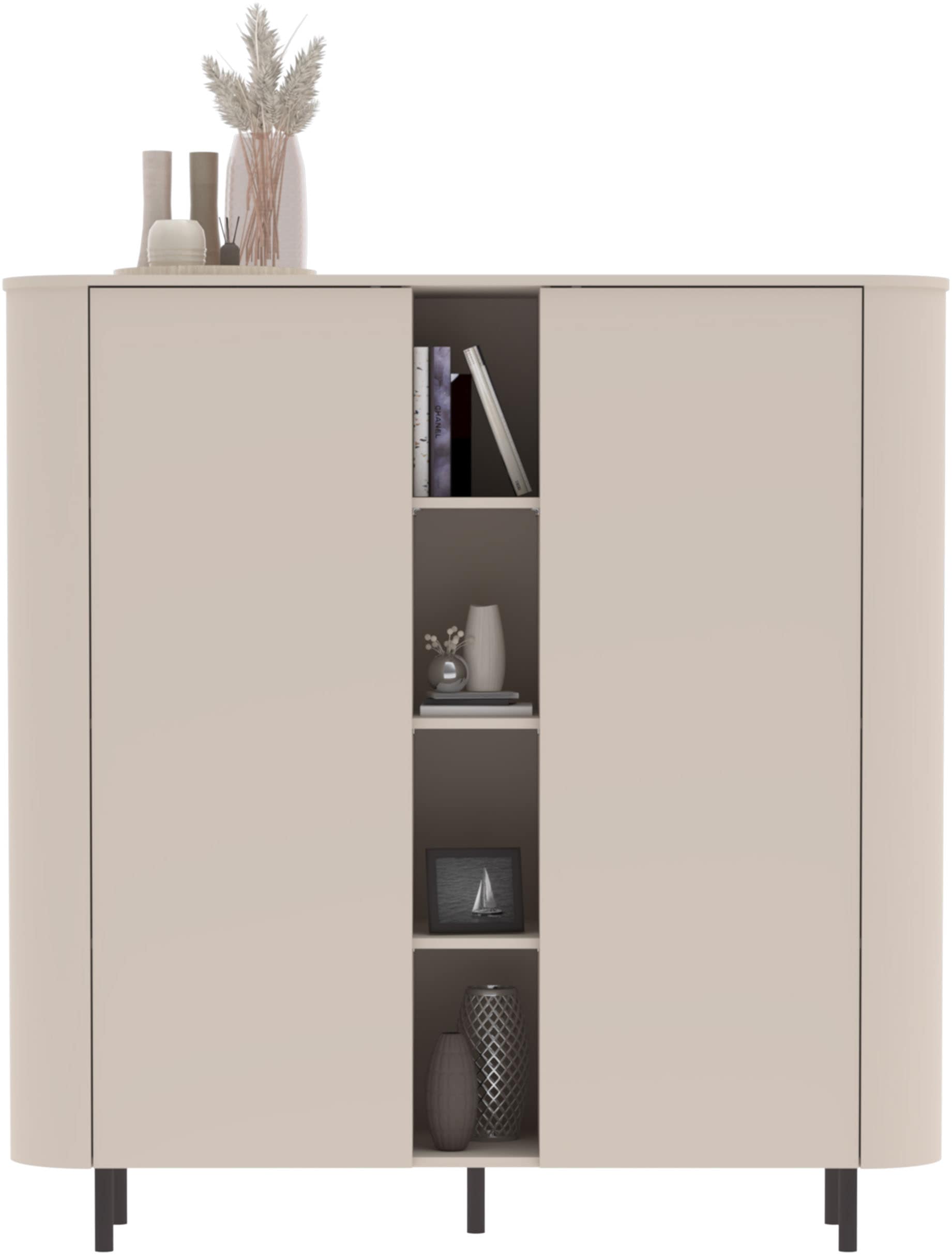 INOSIGN Highboard »Lido, B/H 150/154 cm, 2 Türen, 4 offene Fächer, Stauraumschrank« Formgebogenes MDF, Stirnseiten mit Rundung, Push-to-open, Metallfüße
