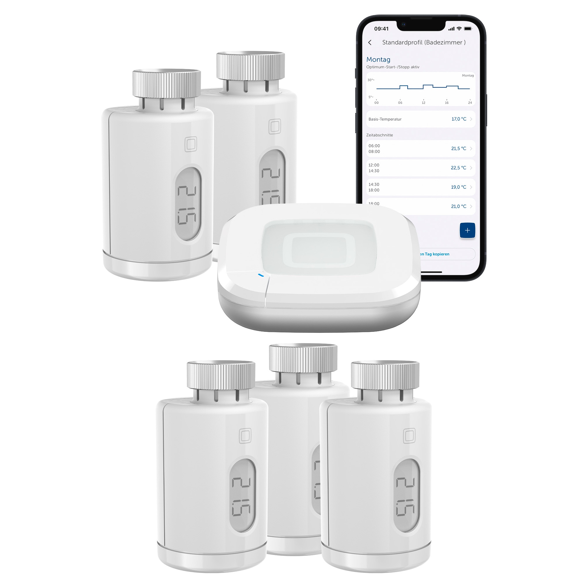 Homematic IP, Heizkörperthermostat »Starter Set Heizen pure für 5 Heizkörper«, Weiß, Kunststoff, Montage ohne Eingriff in die Heizungsanlage