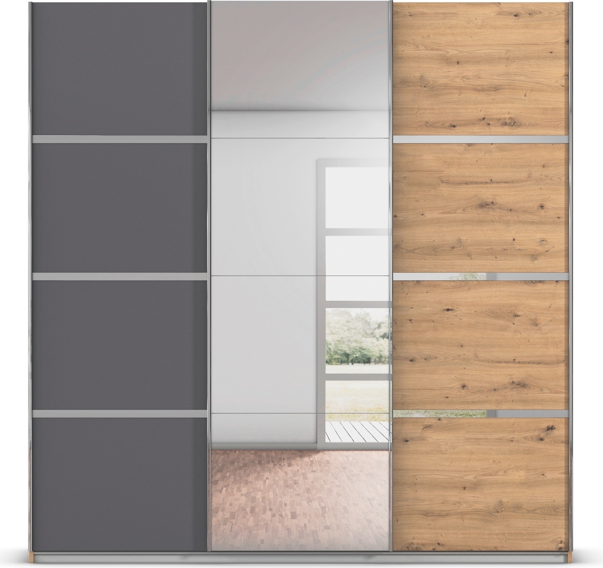 rauch Kleiderschrank »Schwebetürenschrank OTTO´s Choice Garderobe Schrank TOP ANGEBOT Avola«, (in 3 verschiedenen Ausstattungen BASIC/CLASSIC/PREMIUM inkl. Spiegel), mit eleganten Zierleisten in Chrom, Schwarz oder Weiß MADE IN GERMANY