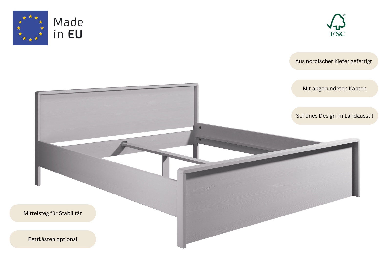 Home affaire Massivholzbett »Luven, hohe Belastbarkeit! FSC® zertifiziertes Massivholz«, (Breite/Belastbarkeit 180cm/220 KG, 140cm/180 KG), aus massiver Kiefer im schlichten Design