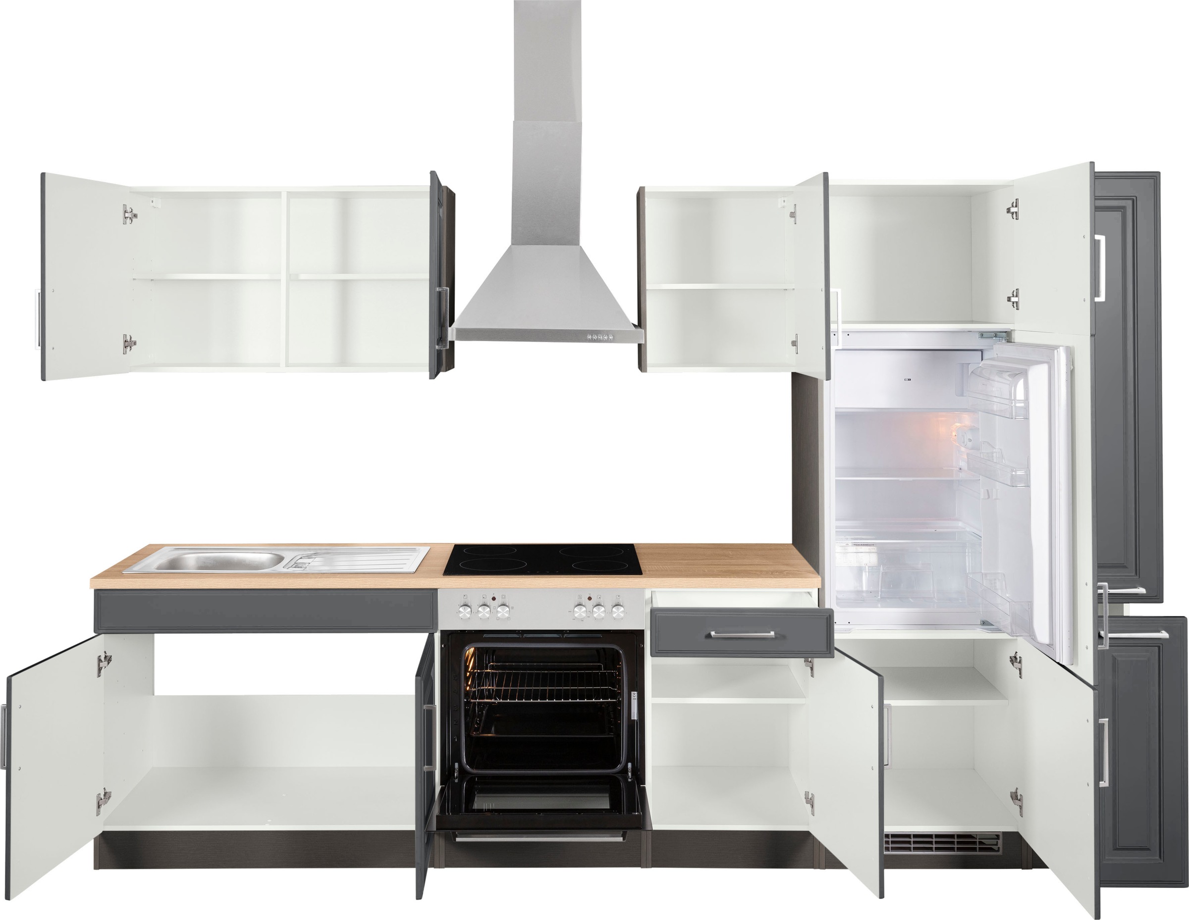 KOCHSTATION Küchenzeile »KS-Stockholm – Küche mit hochwertiger und detailreicher Landhausfront« Breite 300 cm, wahlweise mit E-Geräten,mit MDF-Fronten