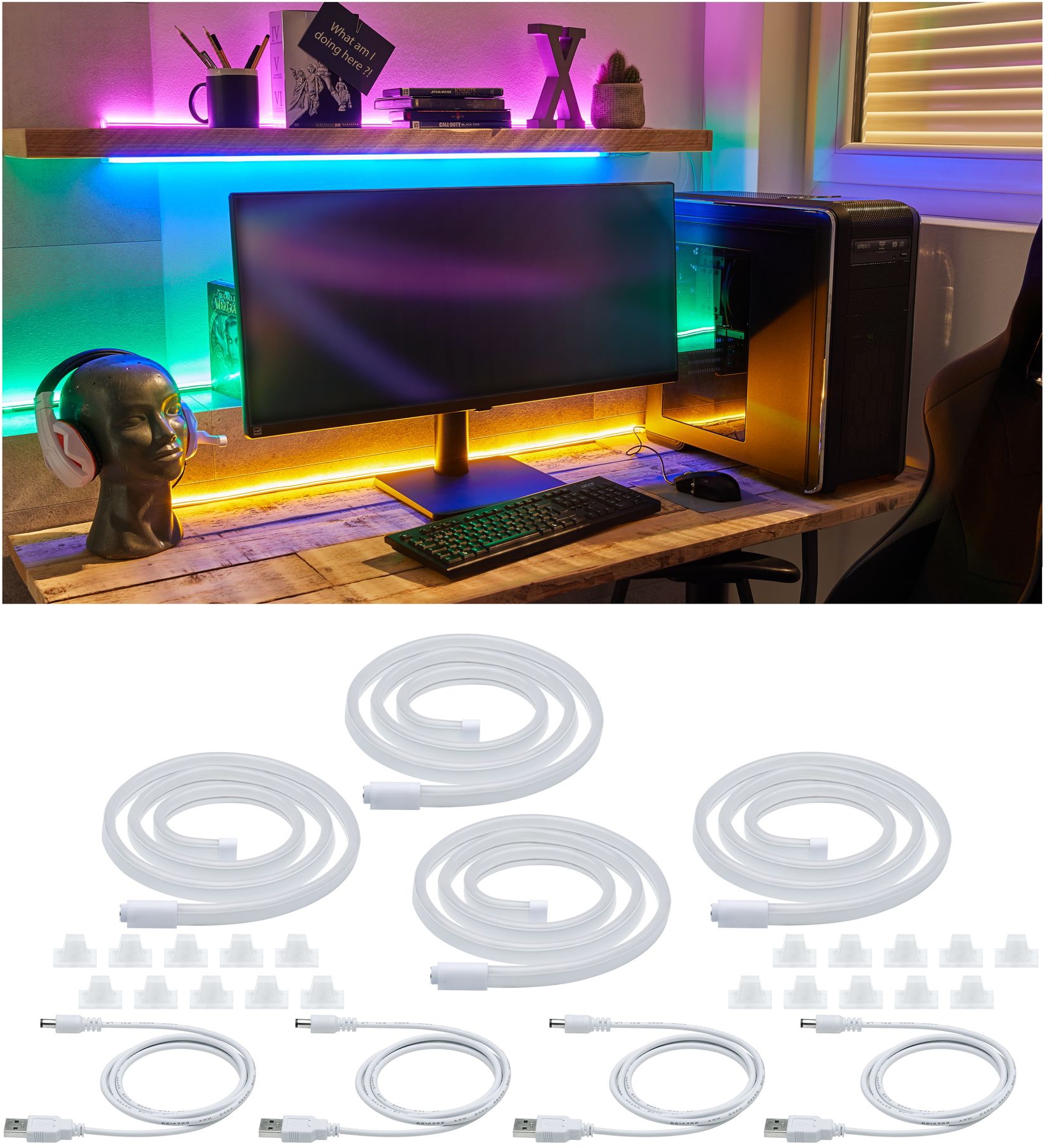 Paulmann LED-Streifen "Neon Colorflex USB Strip" mixed box: 4x1m blau, orange, pink, grün, 4x5W 5V, Gaming, PC