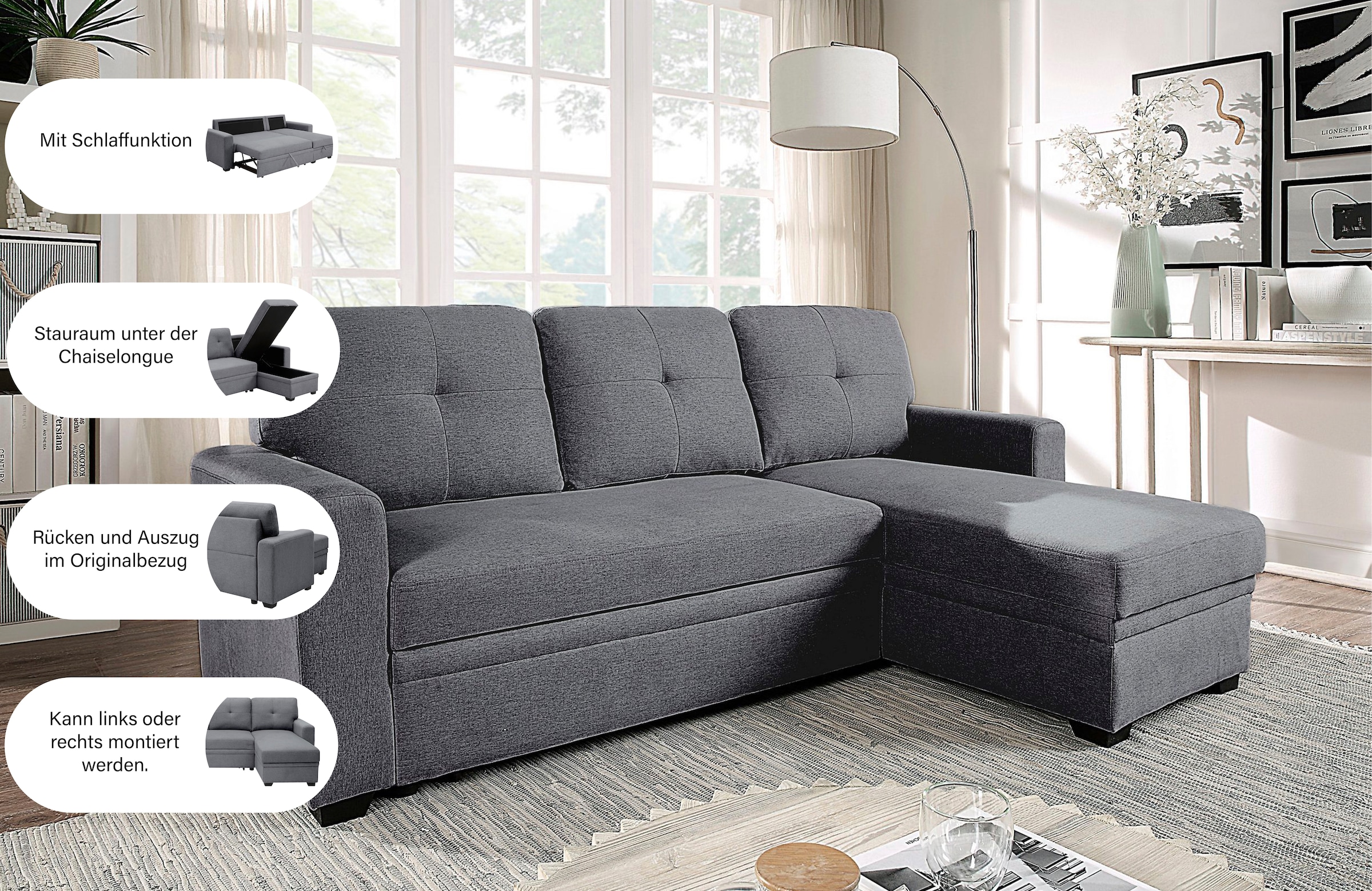 ATLANTIC home collection Ecksofa »Gerrit L-Form, B: 216 cm« mit Bettfunktion & Bettkasten