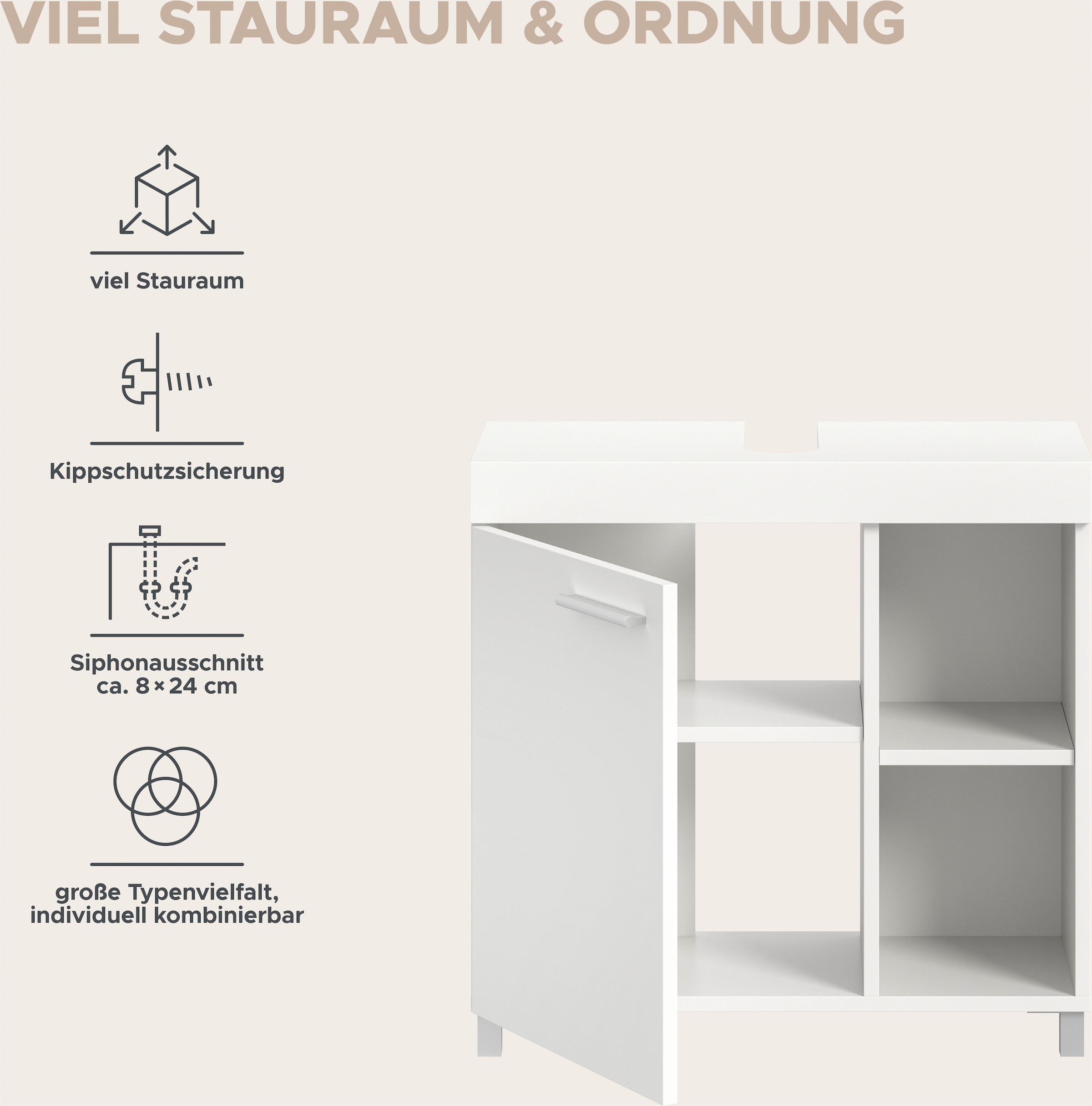 welltime Waschbeckenunterschrank »HANO,  Badezimmer, WBU, Waschtisch,  Kommode, Unterschrank« in 2 verschiedenen Farben und 2 verschiedenen Ausstattungen erhältlich,  1 Tür, 2 höhenverstellbare E-Böden, 4 Fächer, mit Siphonausschnitt