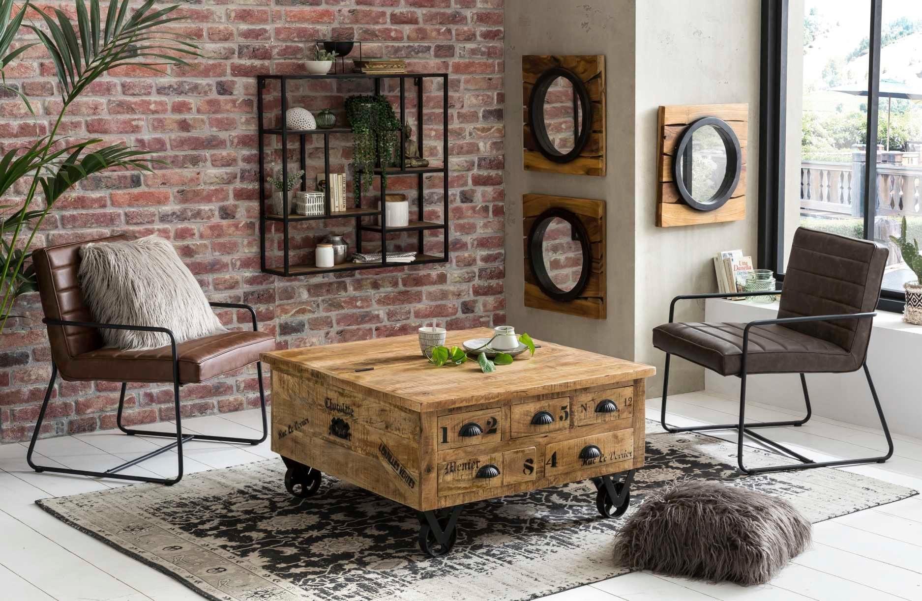 SIT Couchtisch "Rustic Couchtischtruhe aus Mangoholz mit Rollen & Stauraum" 5 Schubladen, Klappe & Rollen für flexiblen Stauraum