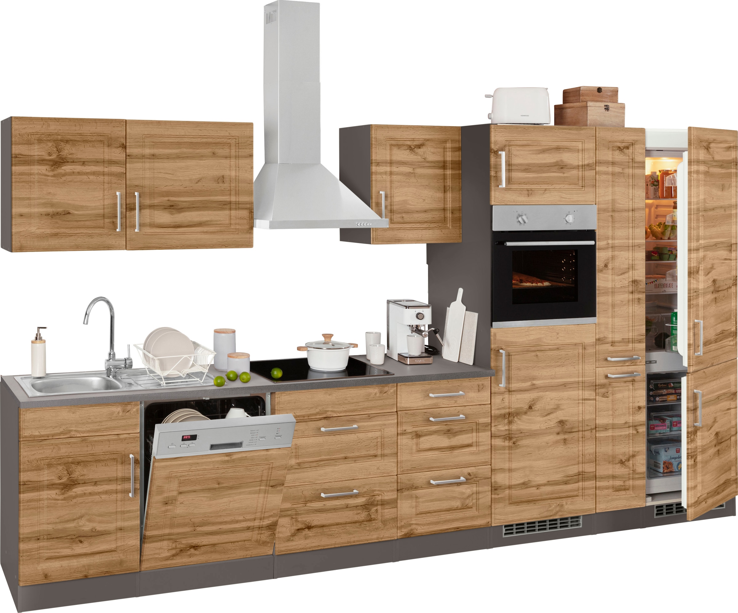 KOCHSTATION Küchenzeile »KS-Stockholm«, Breite 370 cm, mit hochwertigen MDF Fronten im Landhaus-Stil