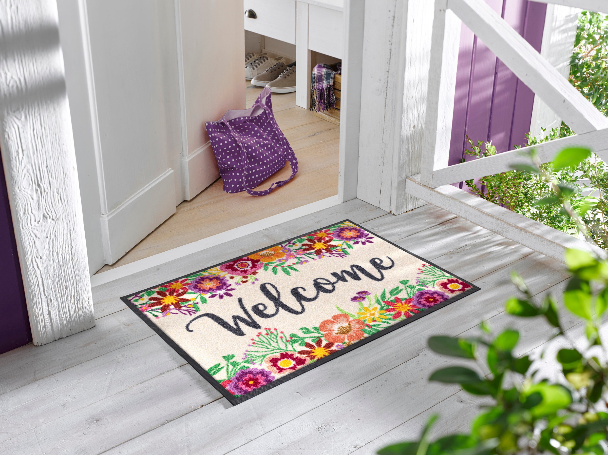 wash+dry by Kleen-Tex Fußmatte »Welcome Blooming«, rechteckig, 7 mm Höhe, Schmutzfangmatte, mit Spruch, rutschhemmend, waschbar
