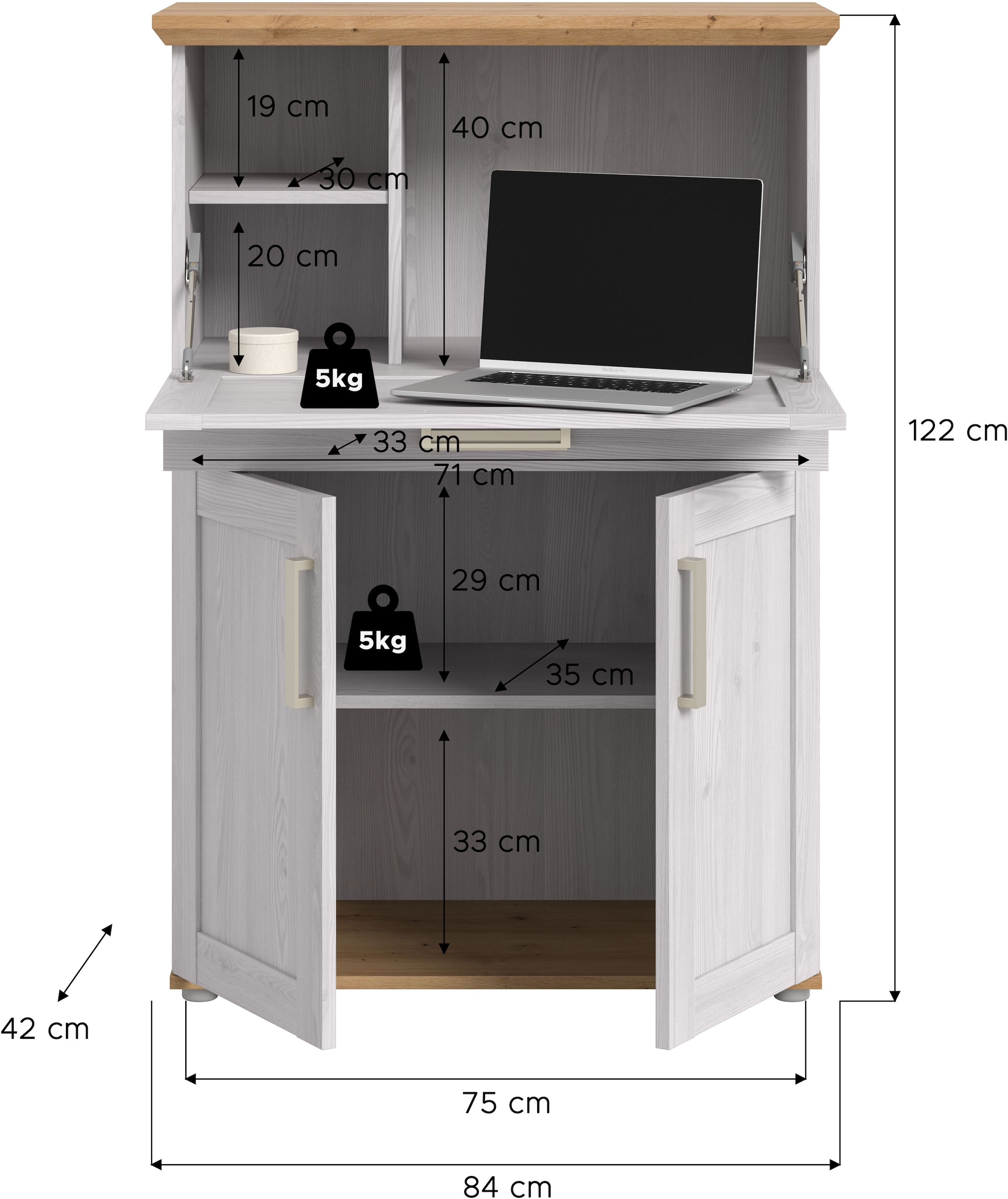 Home affaire Sekretär »COSENZA, Höhe 122 cm, 2 Türen, 1 Klappe, 1 Schubkasten, 5 Fächer« in Landhausoptik, mit weiteren Artikel der Serie kombinierbar,  Schreibtisch, Home-Office, Kommode, Schrank, Midischrank