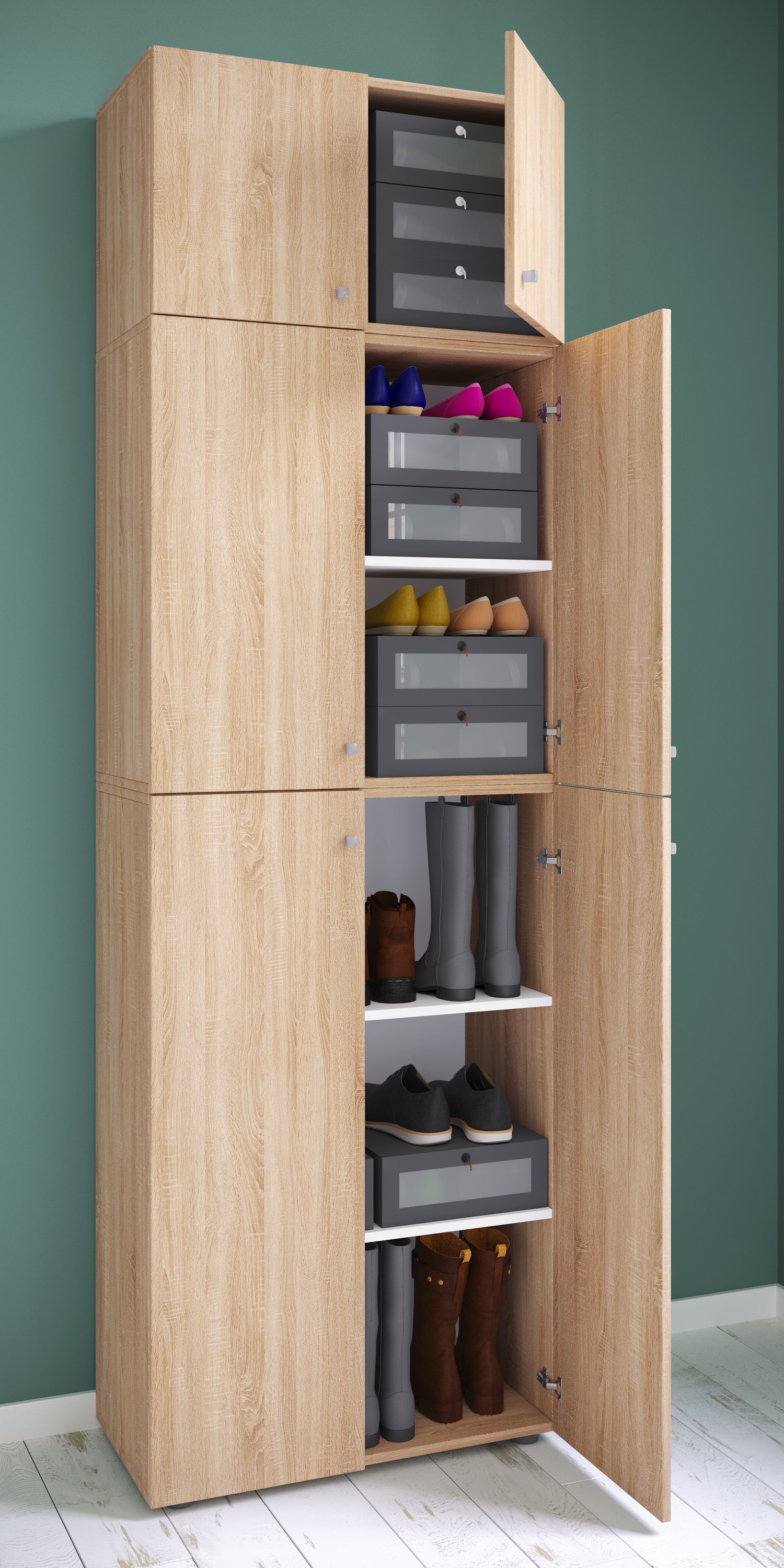 VCM Schuhschrank »VCM Holz-Schuhschrank | Maße: H. 223 x B. 70 x T. 39 cm| Allzweckschrank | 5 Fächer | 4 Drehtüren | Aufsatz mit 2 Türen¿ Lona«, (1 St.)