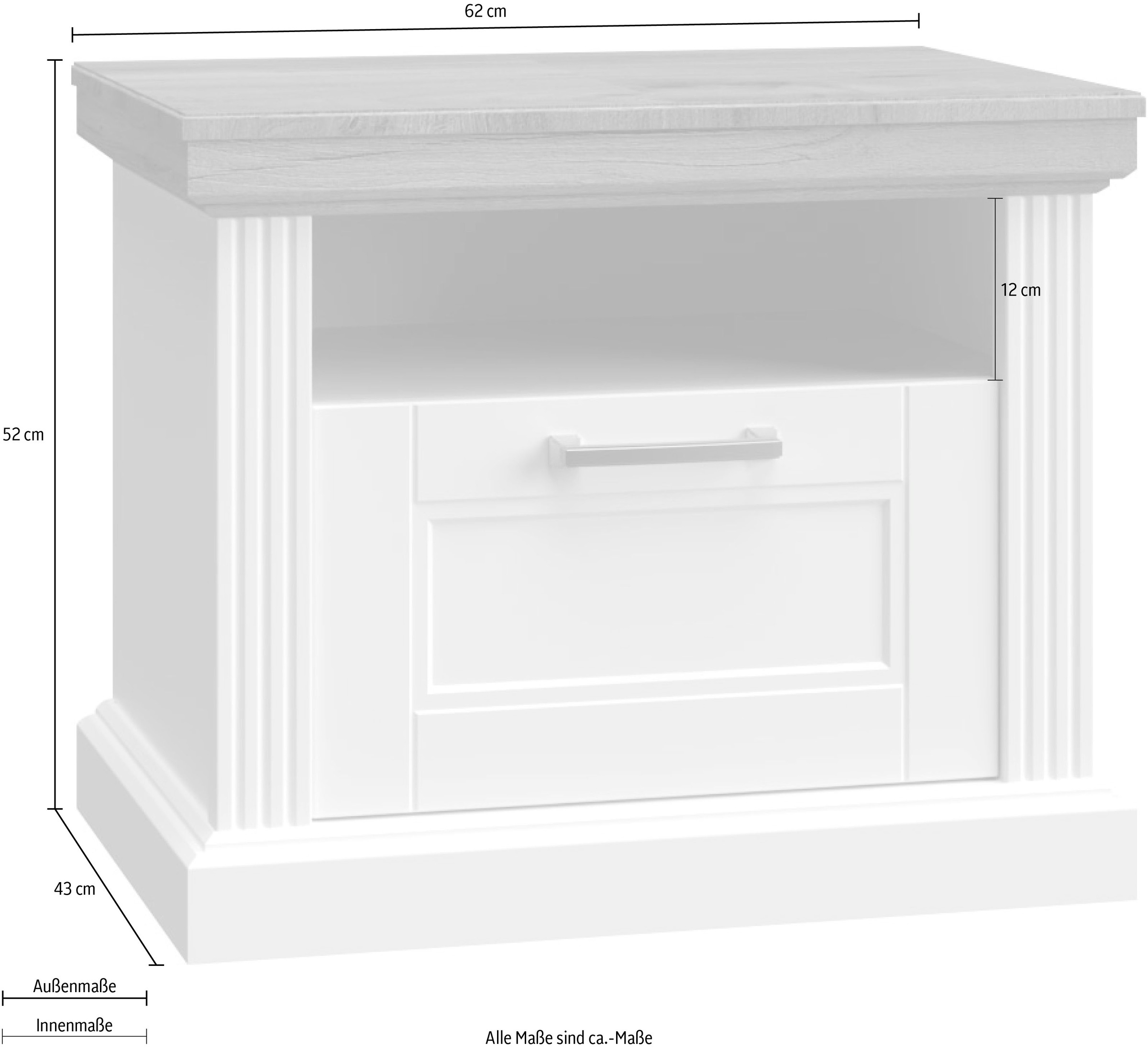 Home affaire Nachtkonsole »Tara, im klassischen Landhausstil, FSC-zertifiziert«, (1 offenes Fach und 1 Schublade mit Metallgriff, Soft-Close-Funktion), lackiert mit wasserbasiertem UV-Lack, 62x43x52cm (BxHxT)