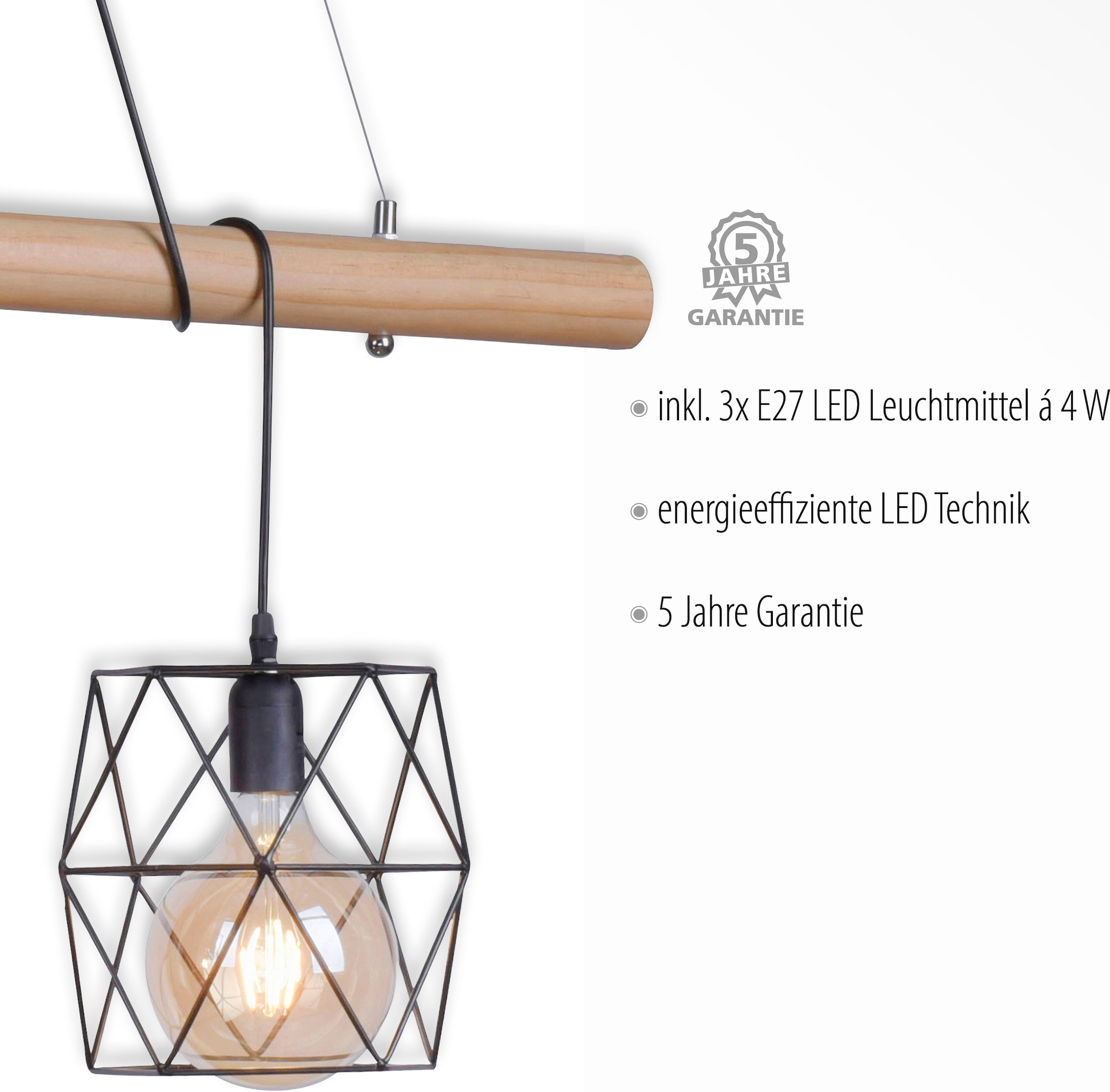 JUST LIGHT LED Pendelleuchte »EDGAR«, 3 flammig, Leuchtmittel E27 | ohne Leuchtmittel, Kombination aus lackierten Metallkörbchen & rustikalem Pinienholz