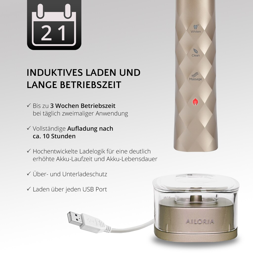 AILORIA Schallzahnbürste »USB-Schallzahnbürste SHINE BRIGHT Limited Edition«, Easy-Start-Programm