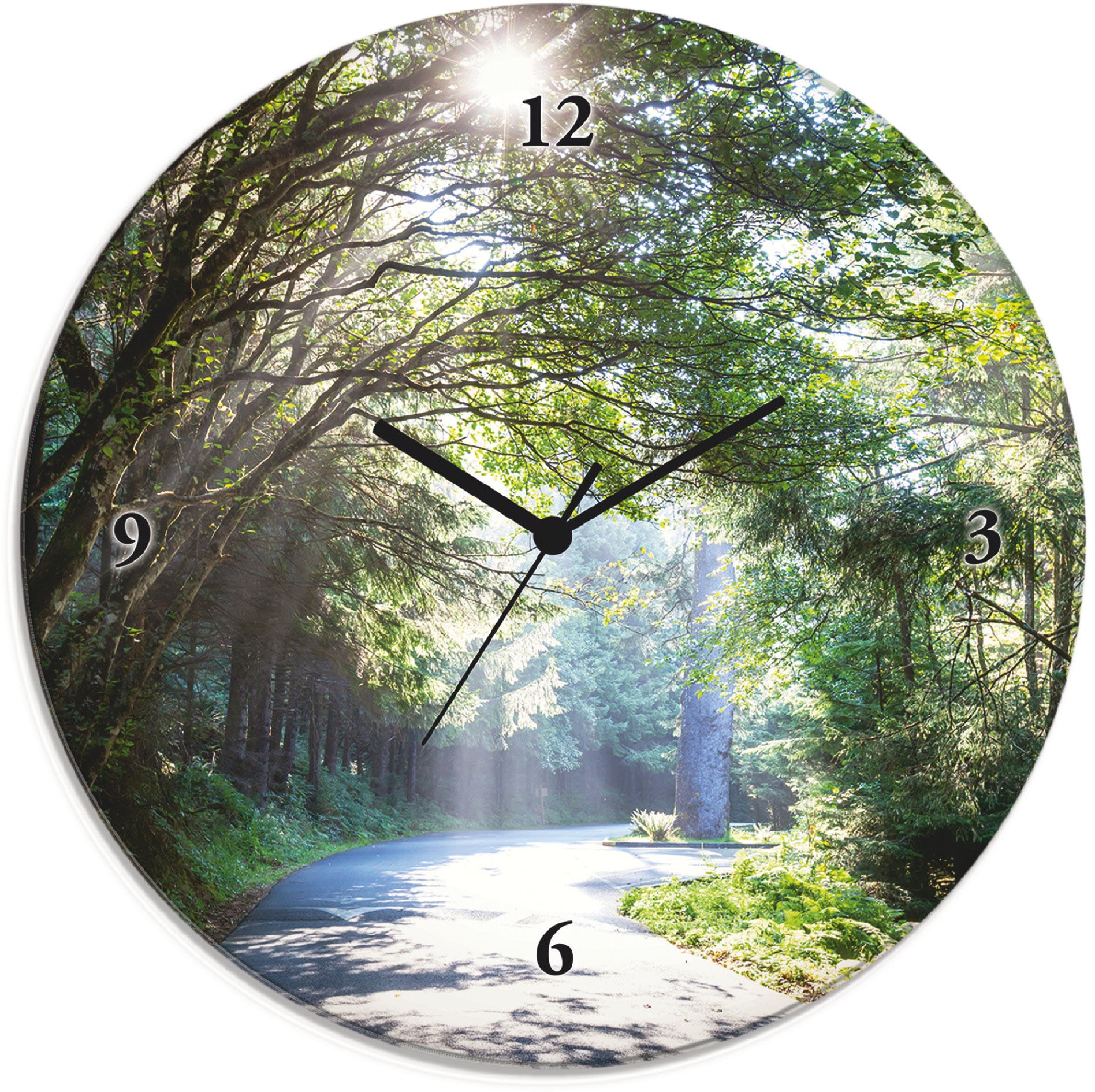 Artland Wanduhr "Glasuhr rund Sonniger Wald" wahlweise mit Quarz- oder Funkuhrwerk, lautlos ohne Tickgeräusche
