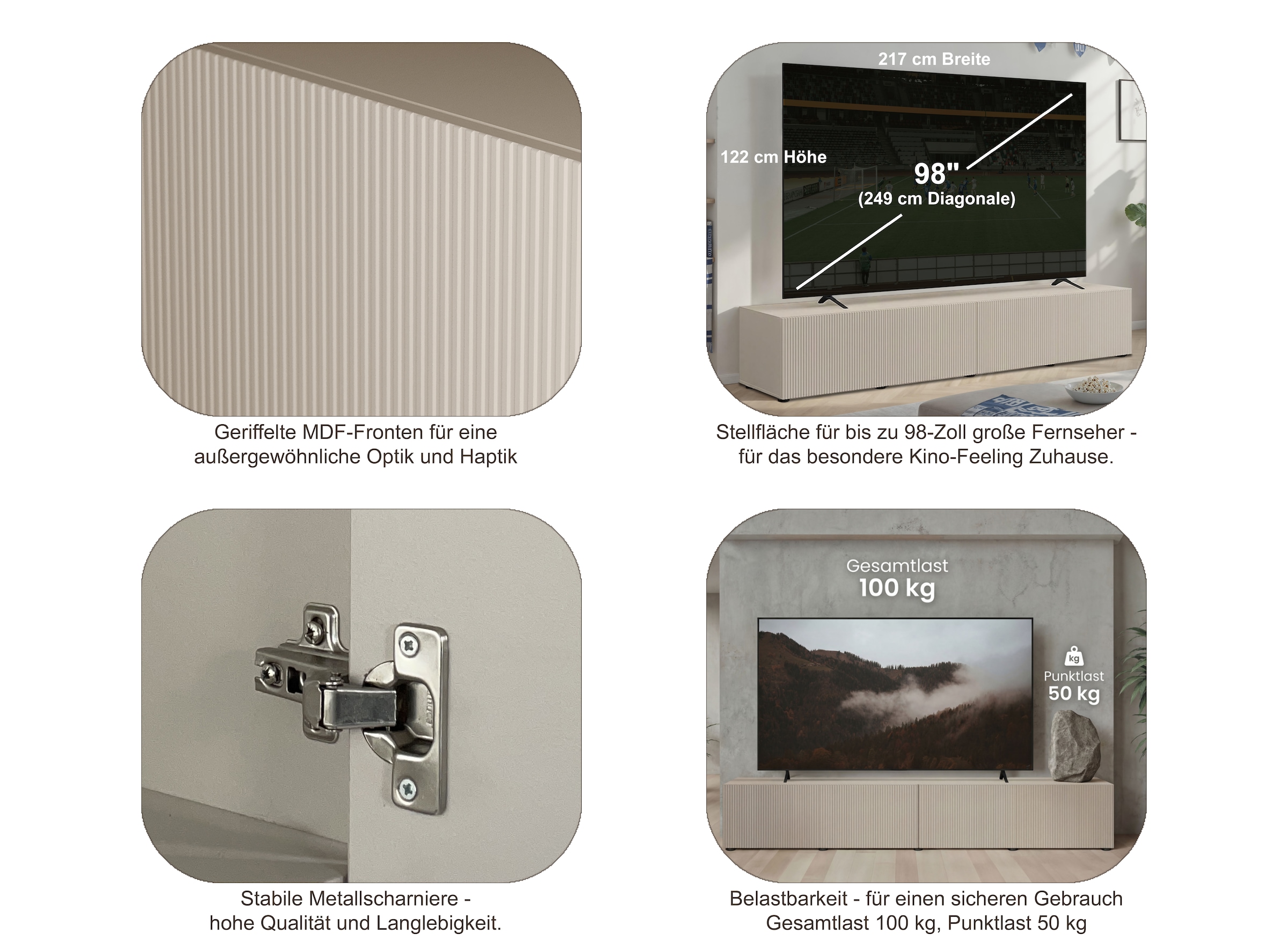 OTTO home Lowboard »Rio, 245 cm breit, 47 cm tief, 4 Türen mit geriffelten MDF Fronten« Modernes Lowboard für bis zu 98-Zoll-TV – perfekt für die WM