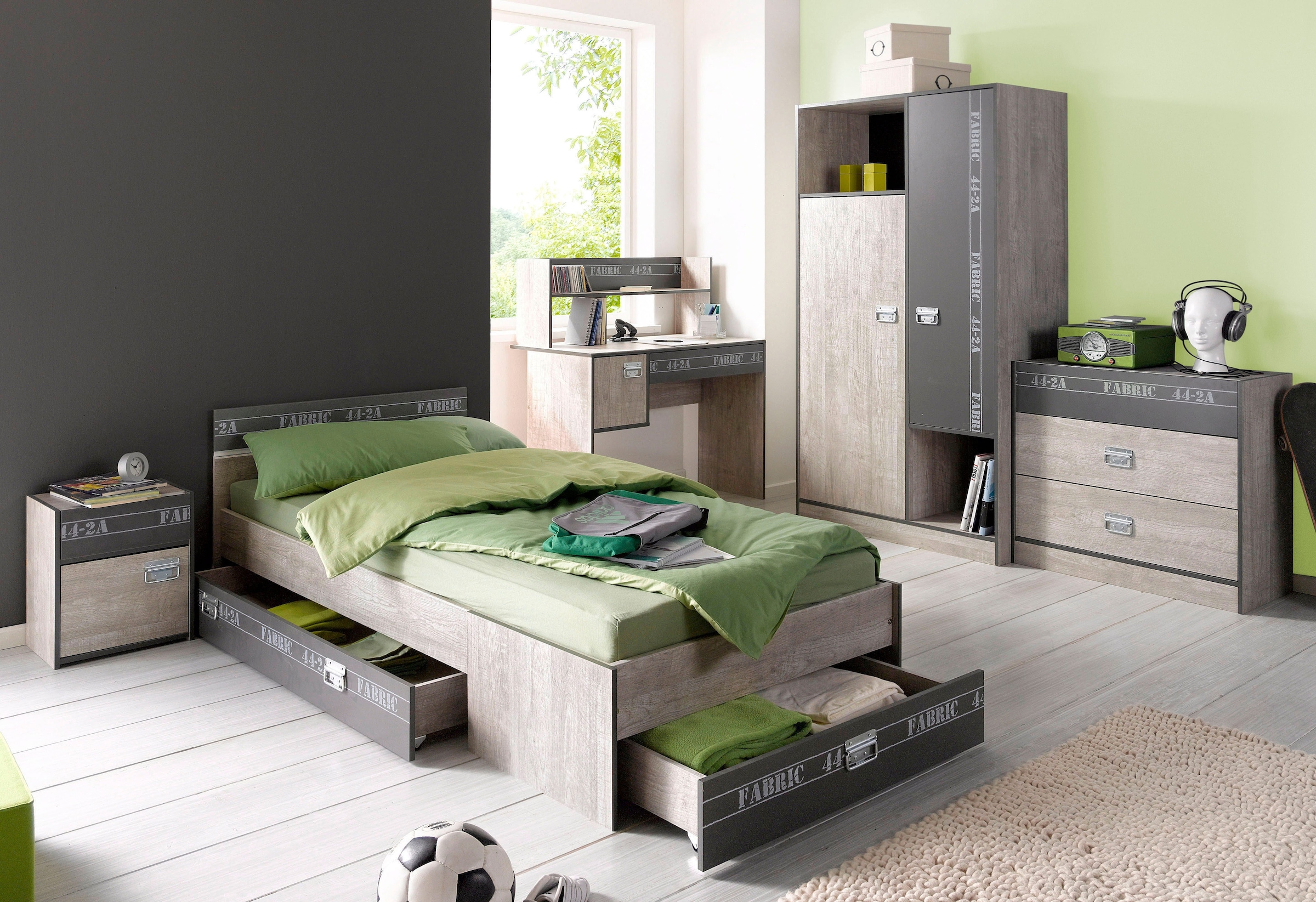 Parisot Jugendzimmer-Set »Fabric«, (Set, 4 wahlweise Bett, Nachttisch), mit St., Kleiderschrank, Bettschubkasten, ♕ Aufbauservice bei