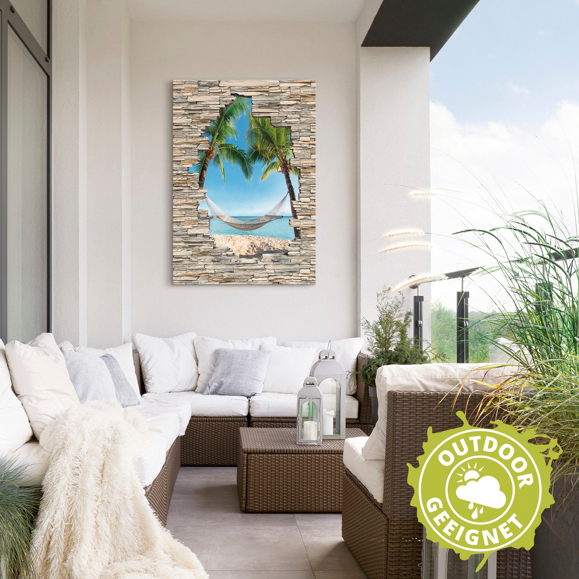 Artland Wandbild »Palmenstrand Karibik Hängematte Stein«, Karibikbilder, (1 St.), als Alubild, Outdoorbild, Poster in verschied. Größen