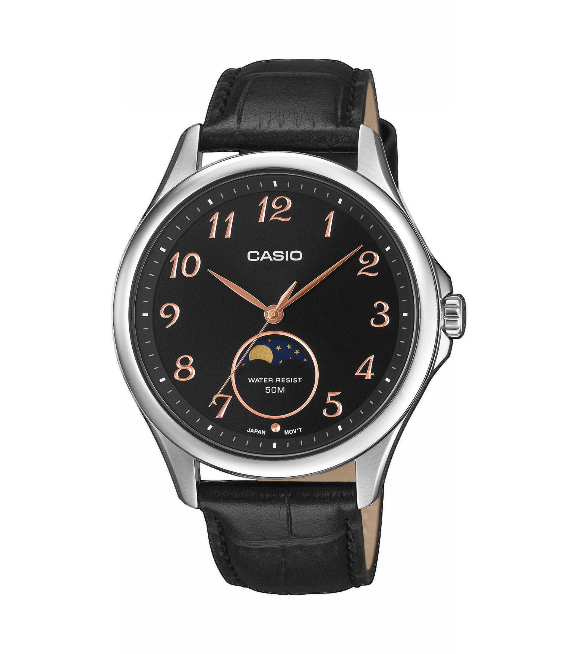 CASIO TIMELESS COLLECTION Quarzuhr Armbanduhr, Herrenuhr, Lederarmband, analog, Mondphase