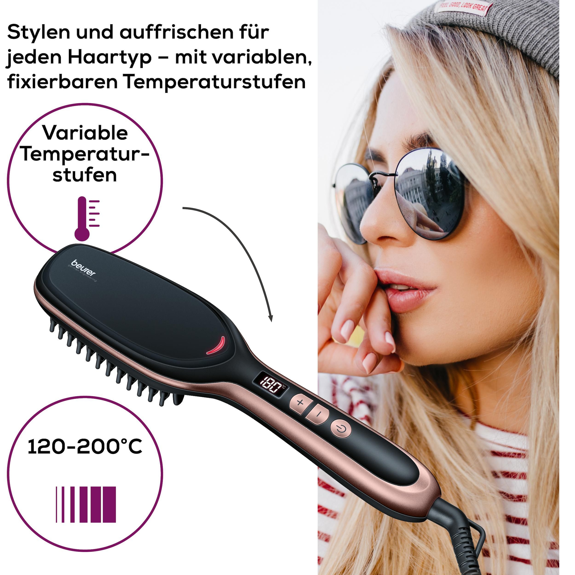 BEURER Haarglättbürste »HS 60 Haarglättungsbürste für geschmeidige, glänzende Haare«, 3-Phasen-System, Mit Keramik Beschichtung zum Schutz der Haare und Ionenfunktion
