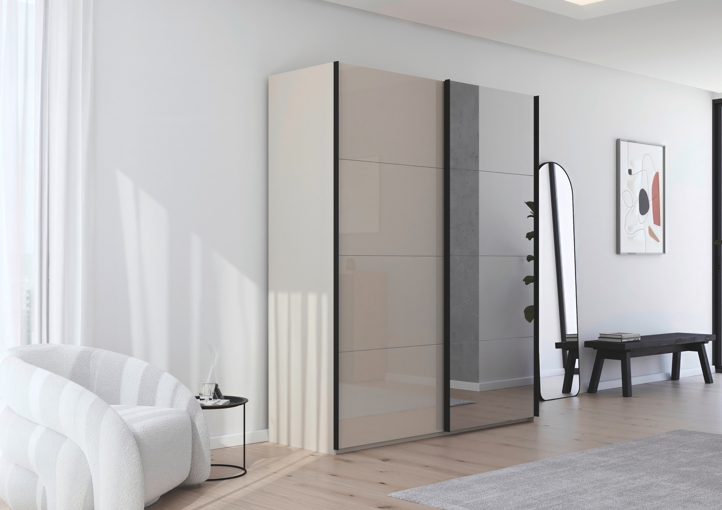 rauch Schwebetürenschrank »Kleiderschrank Schrank Garderobe Schlafzimmerschrank SCALE-FYRA«, edle viergeteilte Türen Spiegel/Glas-Mix viele Farben MADE IN GERMANY