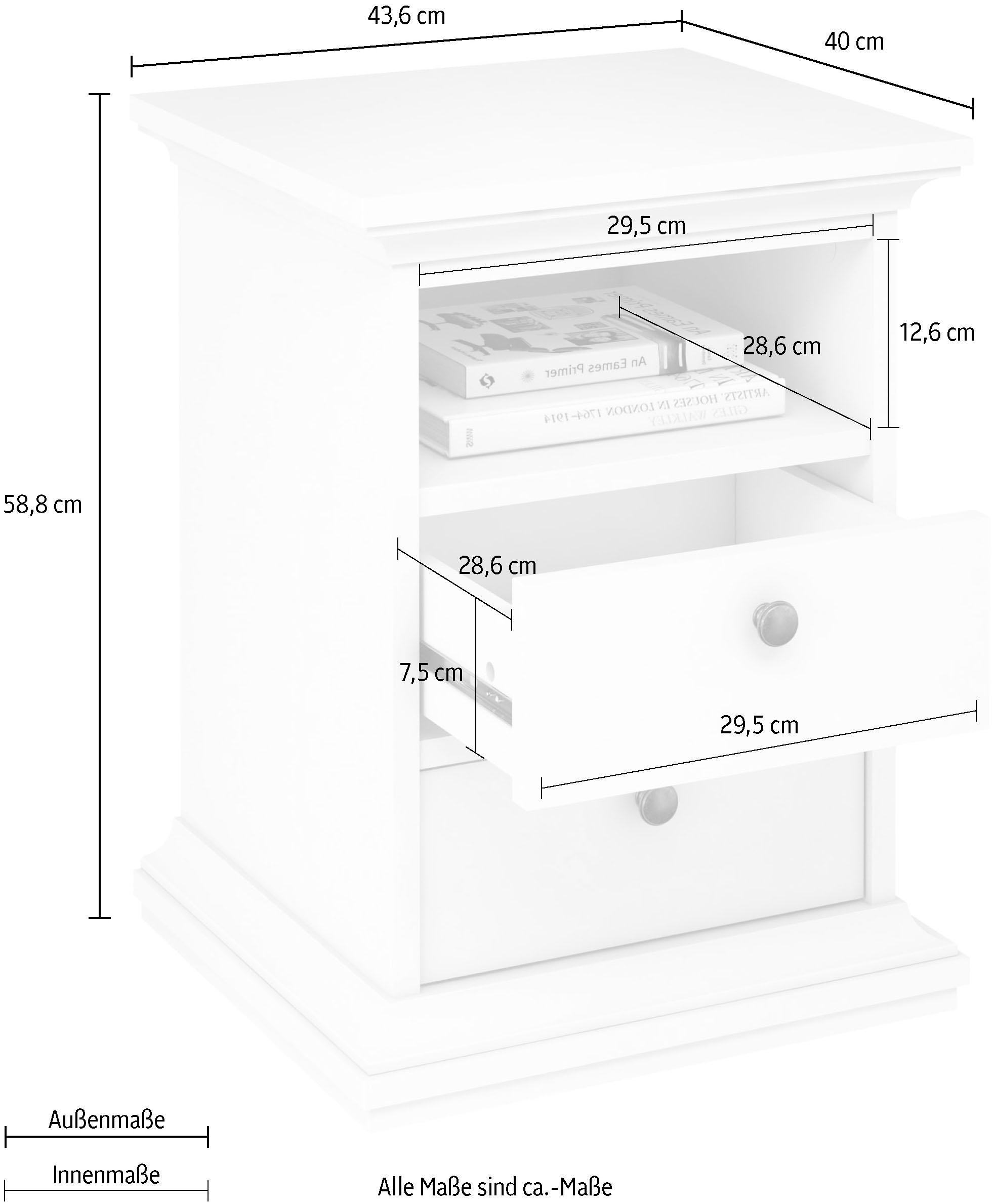 Home affaire Nachttisch »Paris Nachtkommode, Nachtschrank, Beistelltisch«, mit 2 Schubladen und 1 offenen Fach, Breite 44 cm, Höhe 59 cm