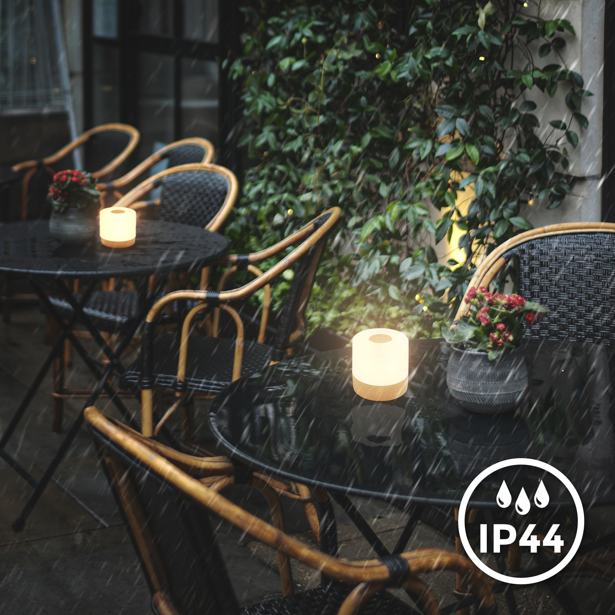 B.K.Licht Außen-Tischleuchte »BK_TL1589 Akku LED Tischlampe, 3-Stufen Touchdimmer, mit USB« LED-Modul 1 Stk. Extra-Warmweiß 2.700 K, 150 Lm, 2W, integrierte Batterie, IP44, 7x7 cm, Holzfarben