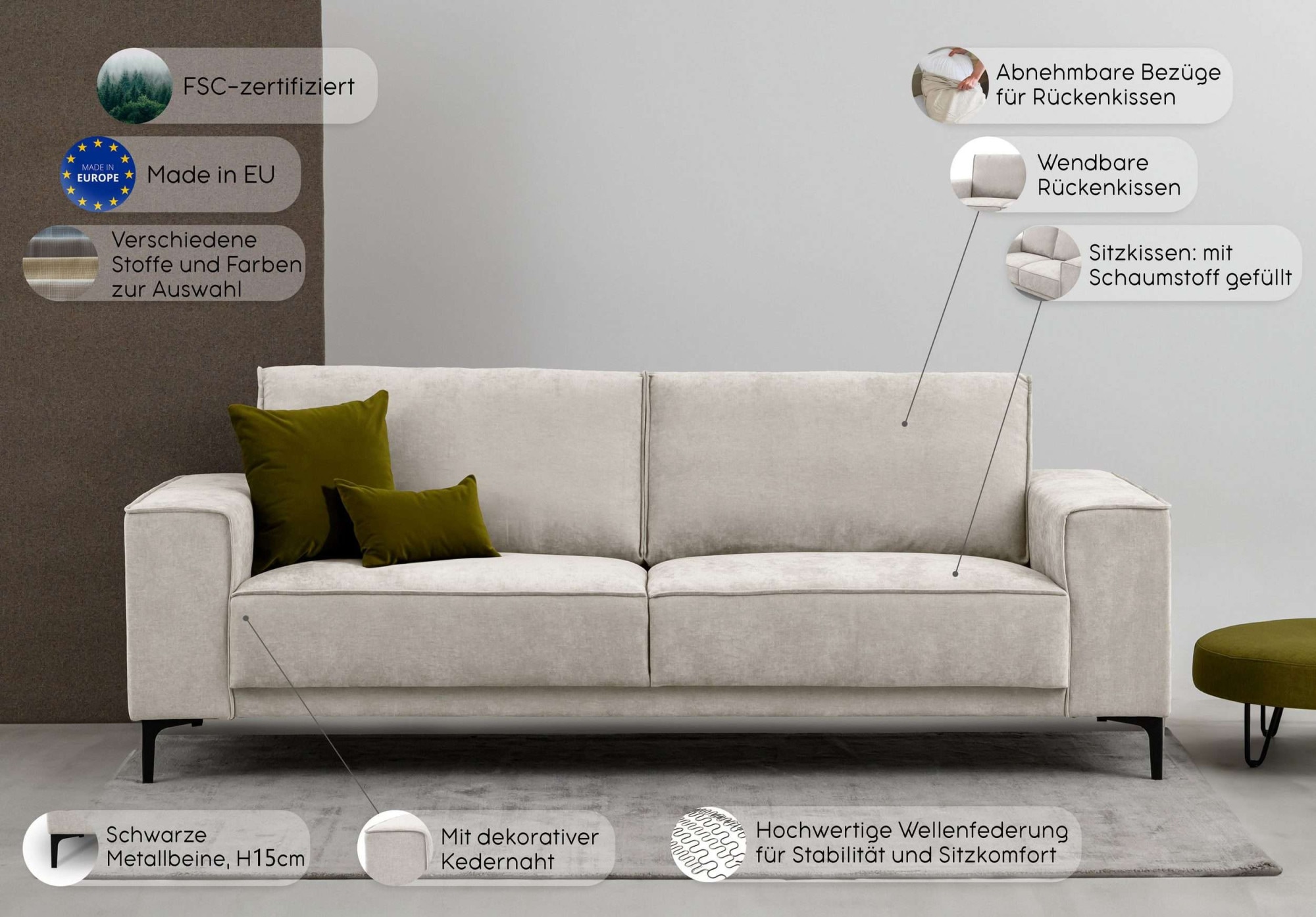 Places of Style 3-Sitzer »3er Sofa Oland, Struktur, Flachgewebe, Luxus-Microfaser, Boucle«, 224 cm, Wellenunterfederung, Skandi-Design, Metallfüße